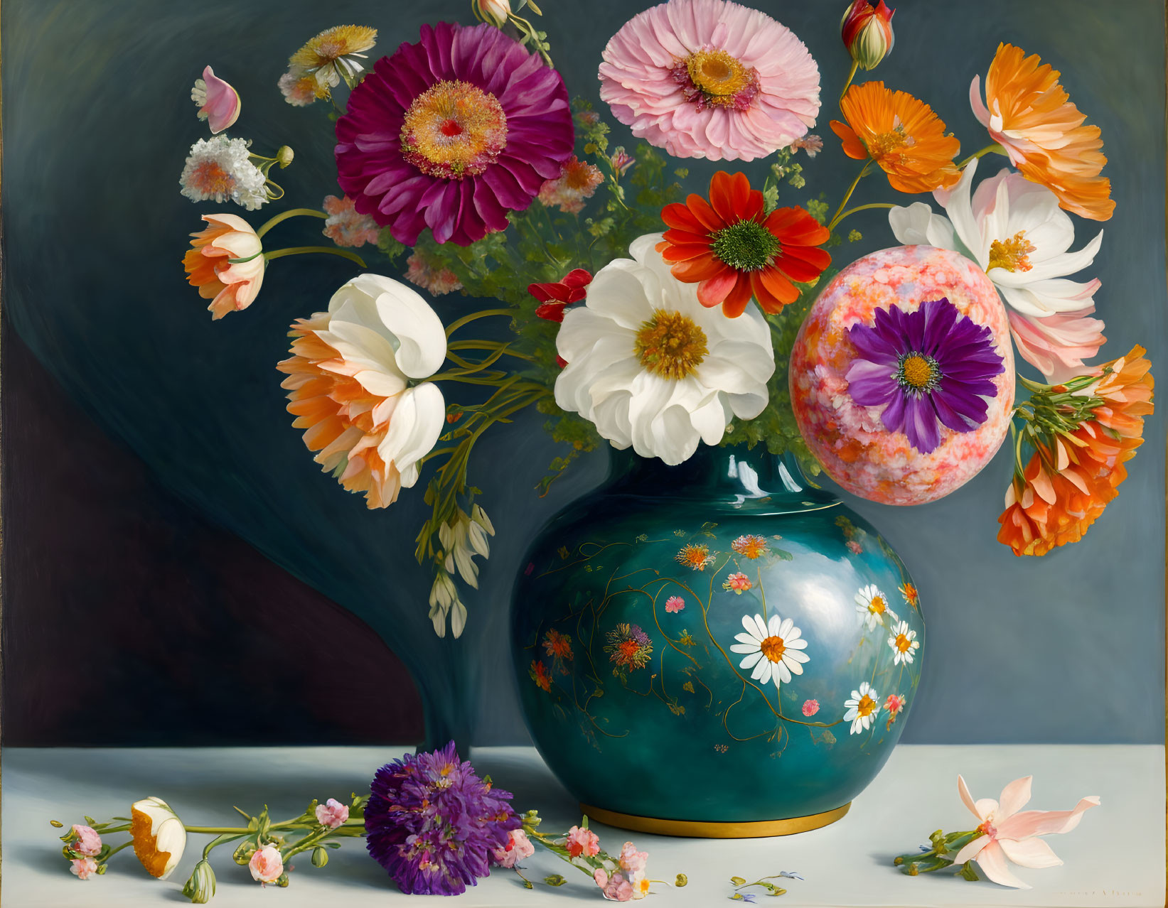 Colorful Flowers Still Life Painting in Blue Vase