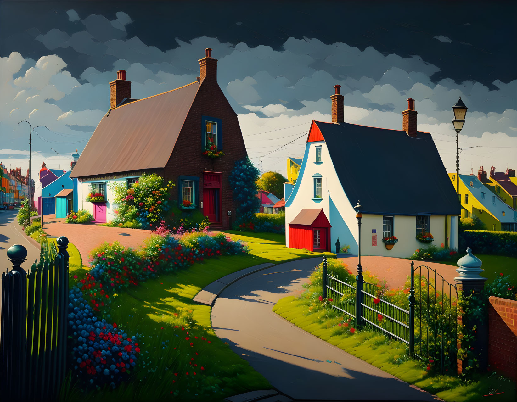 Vibrant village street with quaint houses, lush gardens, winding path, sunny skies, storm clouds