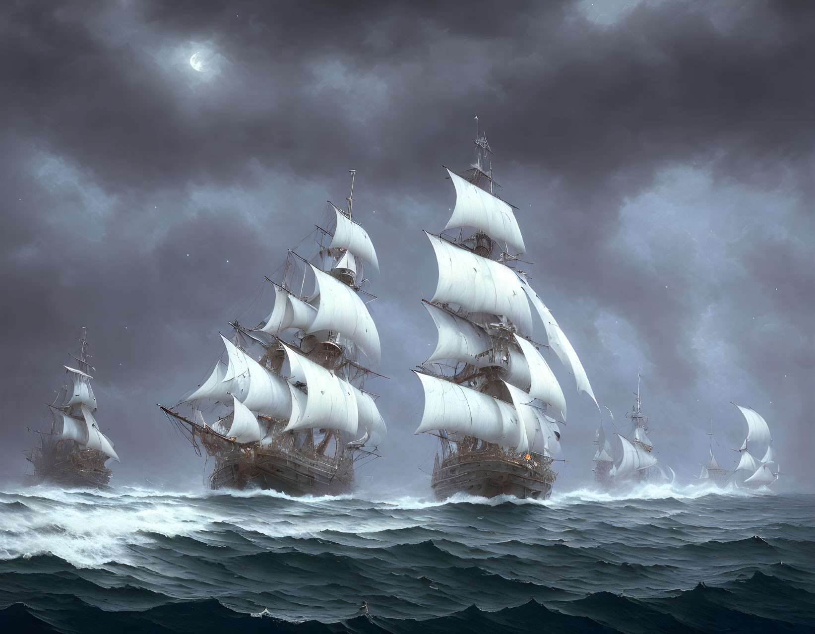 Sailing ships with billowing sails on stormy seas at night