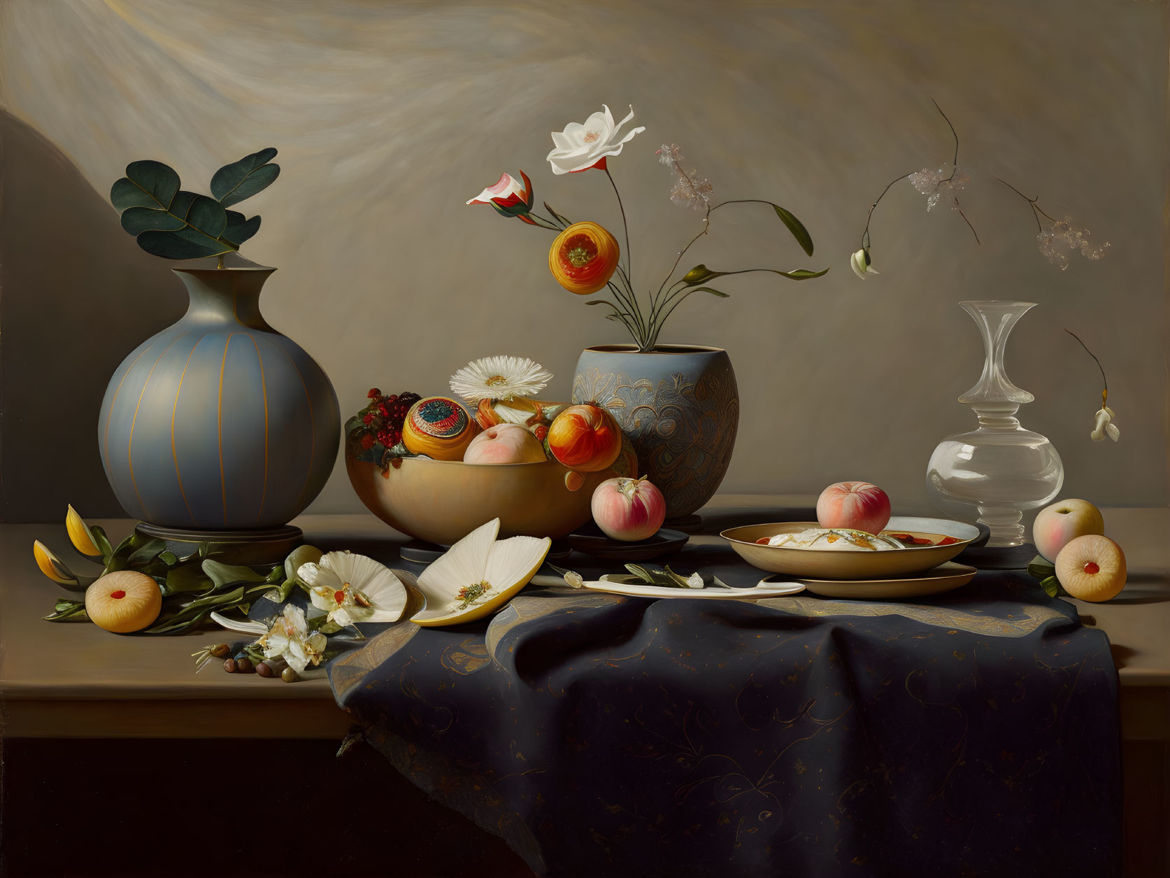 Realistic still life painting with bowls of fruits and flowers on a draped table