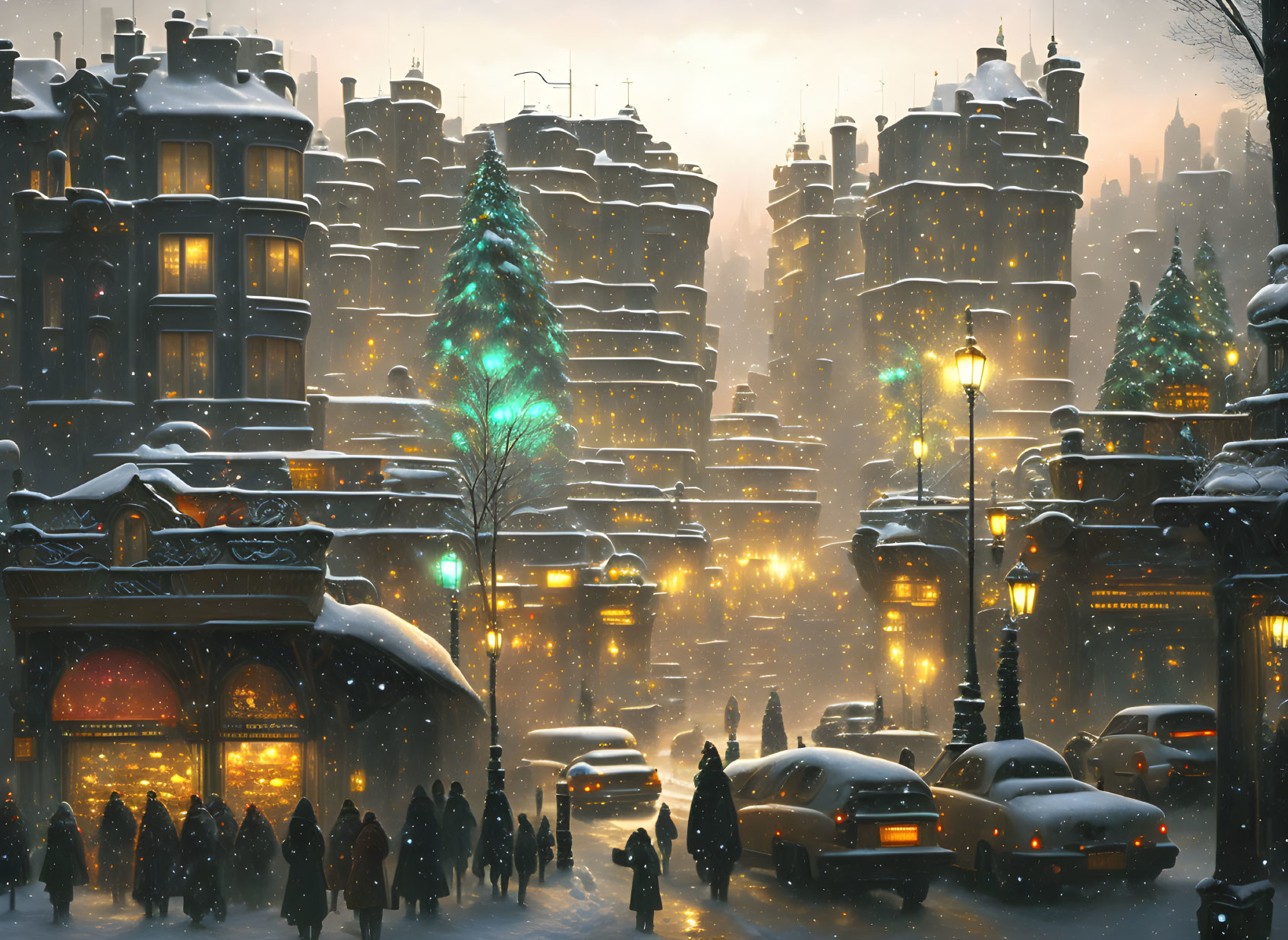 Snowy cityscape at dusk with lit streetlamps and Christmas tree in green light