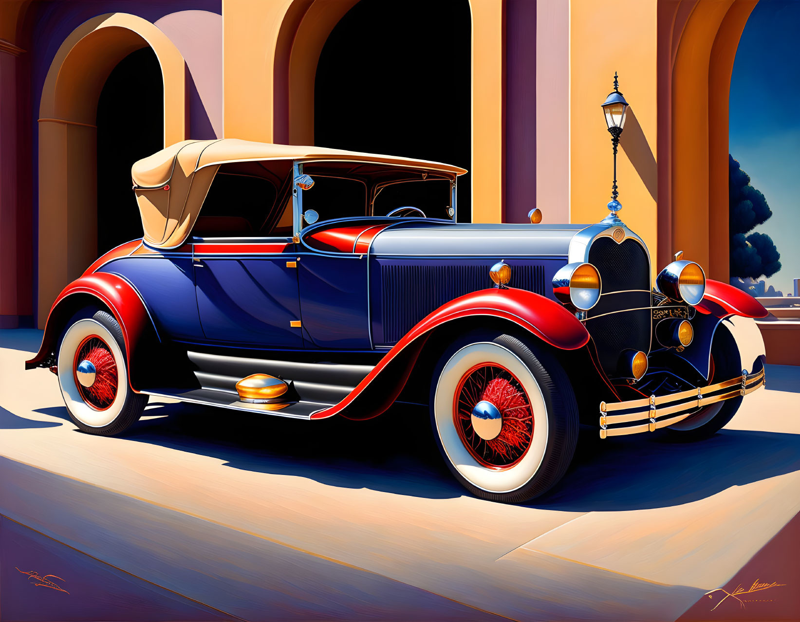 Classic car illustration: Blue and red colors, white-walled tires, parked near building with archways