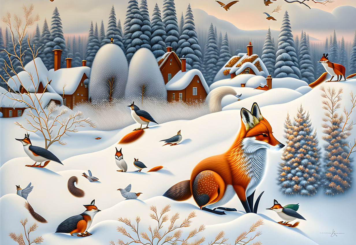 Winter wildlife in snowy village with smoke from chimneys