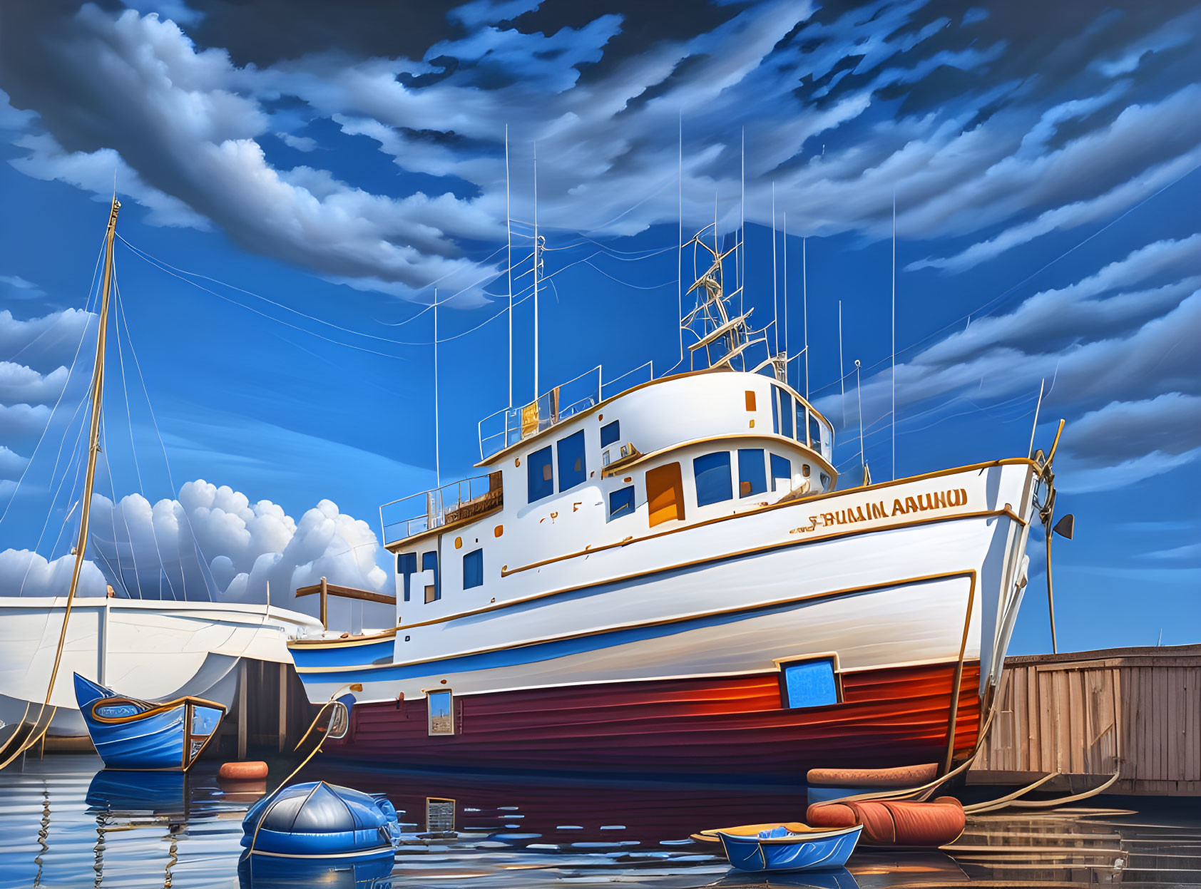 Vibrant docked boat illustration with clear sky and calm water