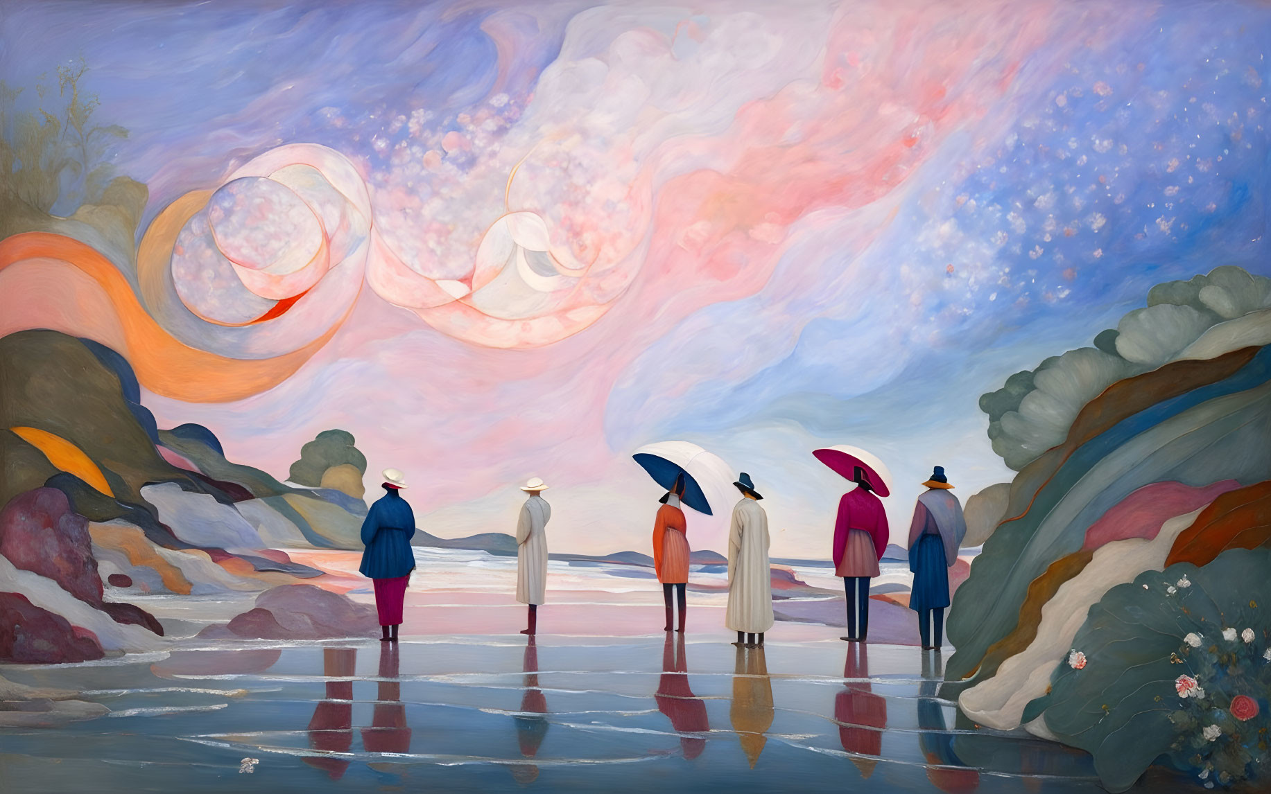 Five People in Colorful Clothing by Reflective Water with Surreal Sky