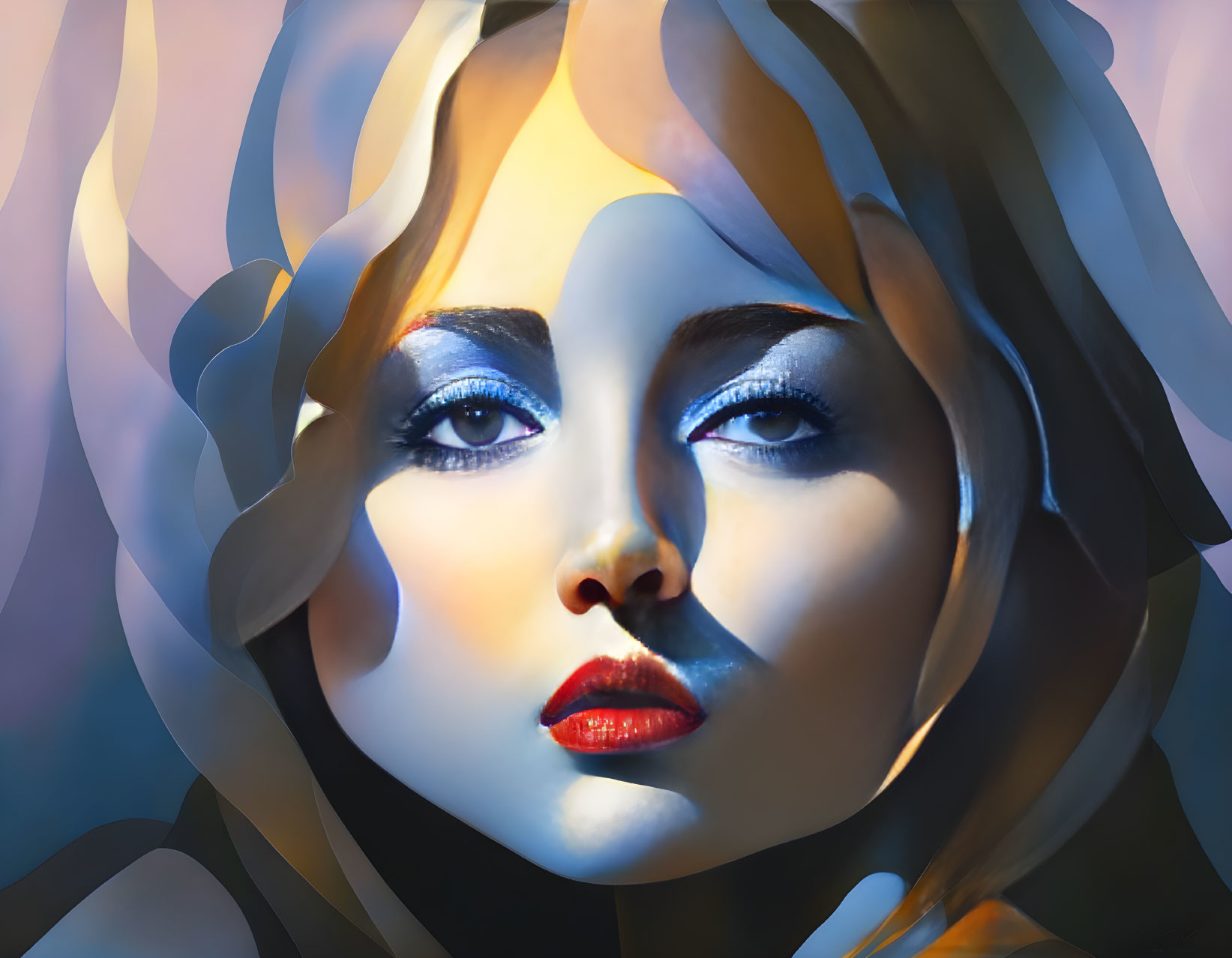 Portrait of Woman with Striking Blue Eyes and Glossy Lips