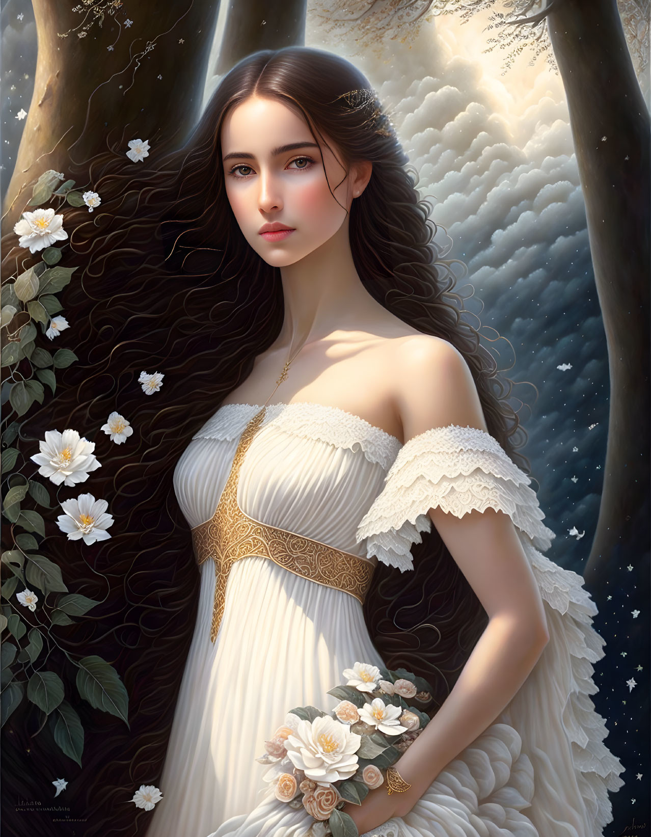 Digital painting of woman in white dress with flowers against nature backdrop