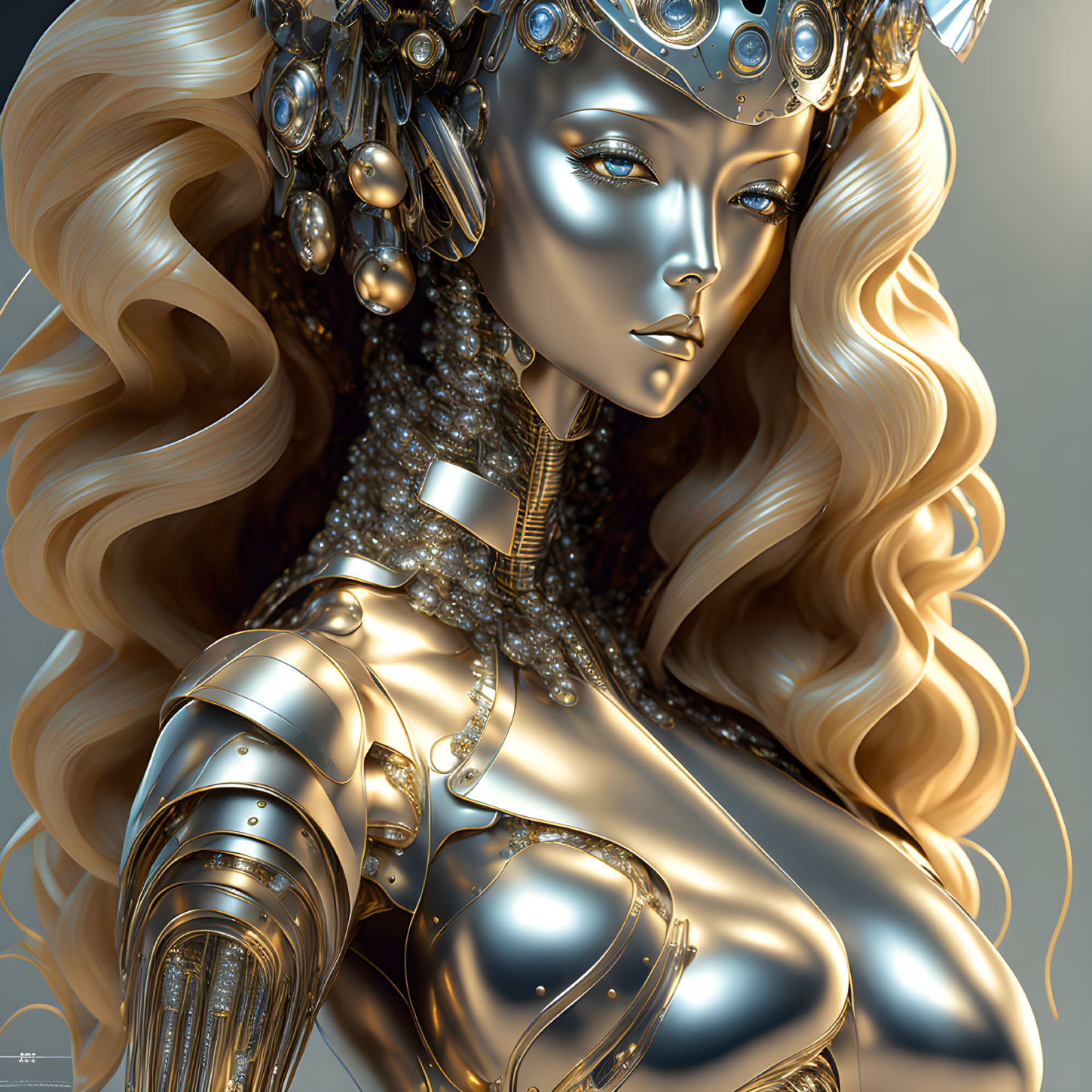 CG image: Female figure with golden robotic features, intricate headgear, and wavy hair