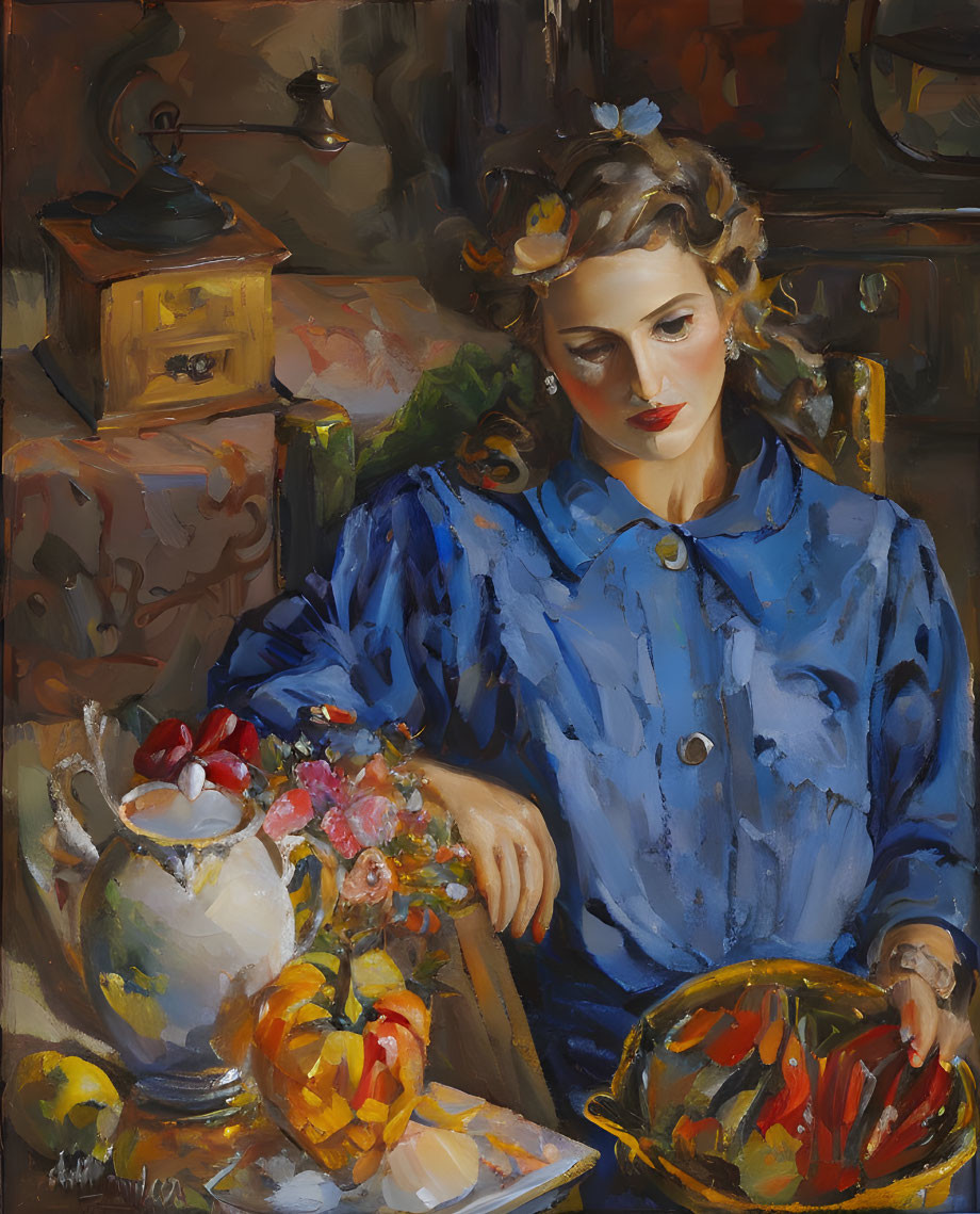 Vintage painting of woman in blue dress with fruits and flowers on table