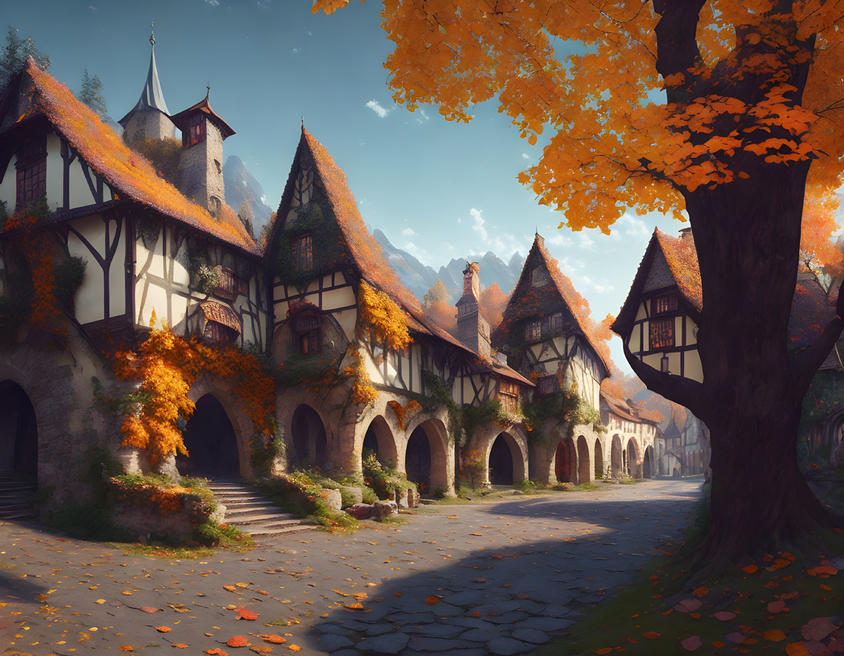 Medieval village with half-timbered houses and autumn foliage