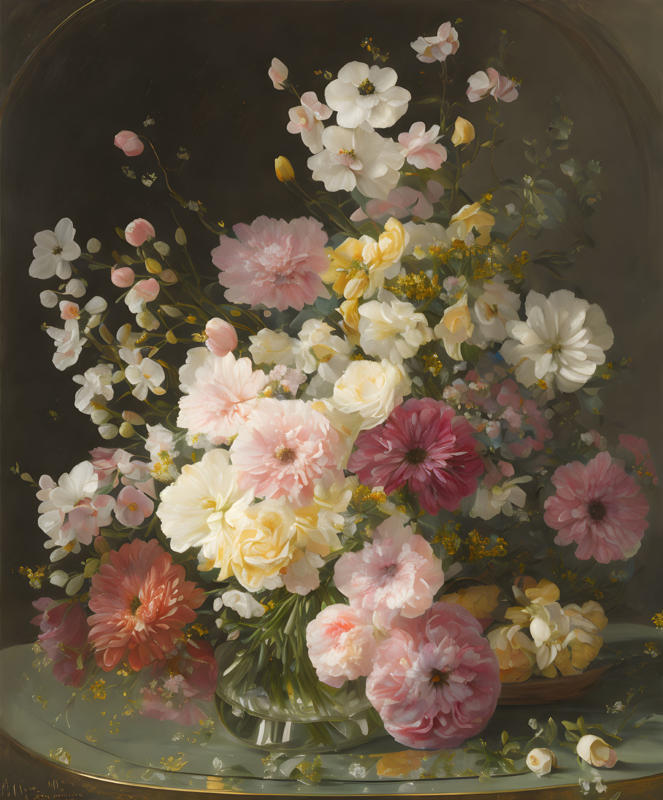 Classic Still Life Painting: Lush Bouquet with Roses and Daisies in Glass Vase