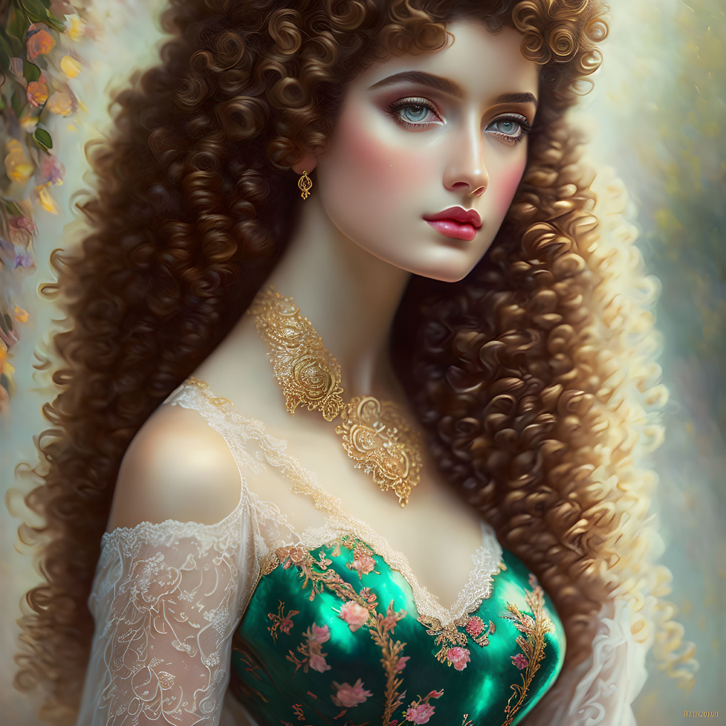 Portrait of a woman with curly hair, fair skin, blue eyes, in green and gold dress