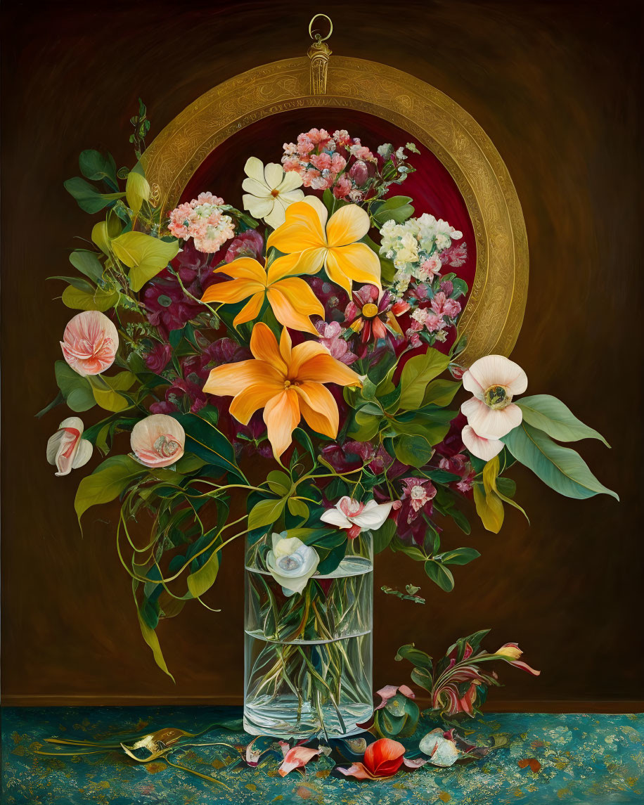 Colorful flower arrangement in glass vase on dark background