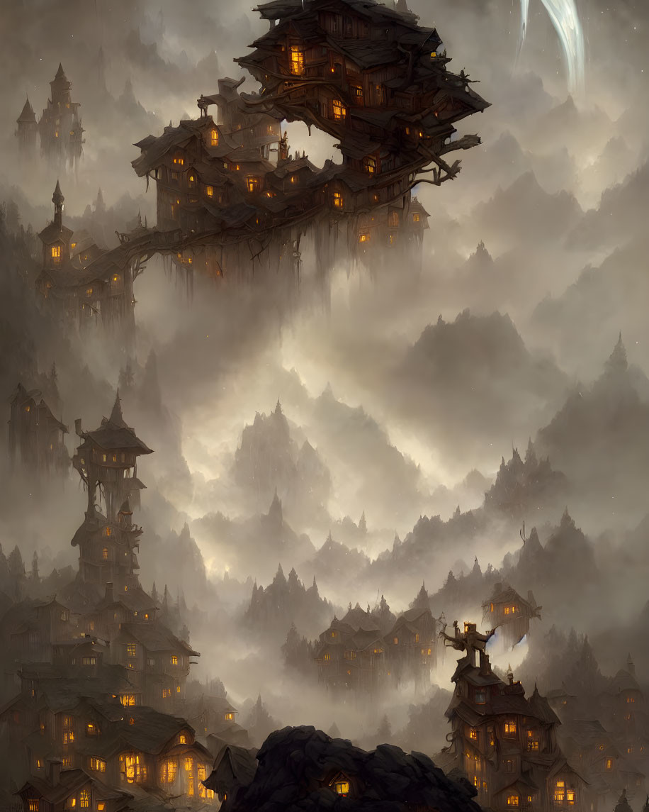 Mystical foggy mountain landscape with Eastern-style architecture and floating islands