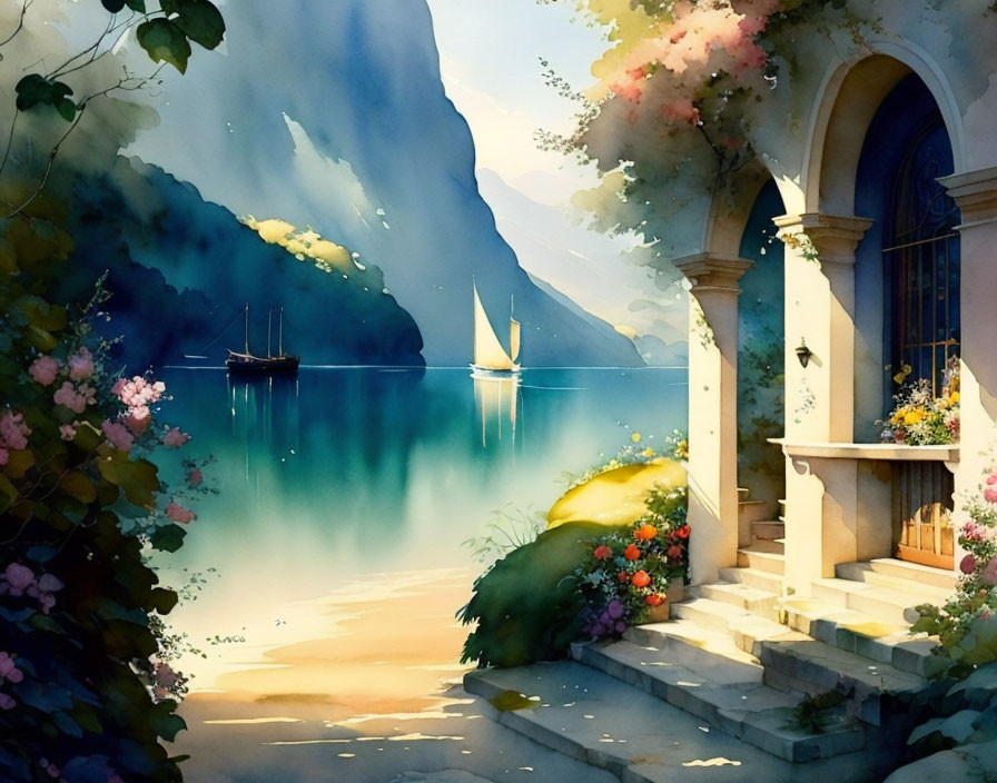 Tranquil lakeside scene with boats, floral entrance, and mountain backdrop