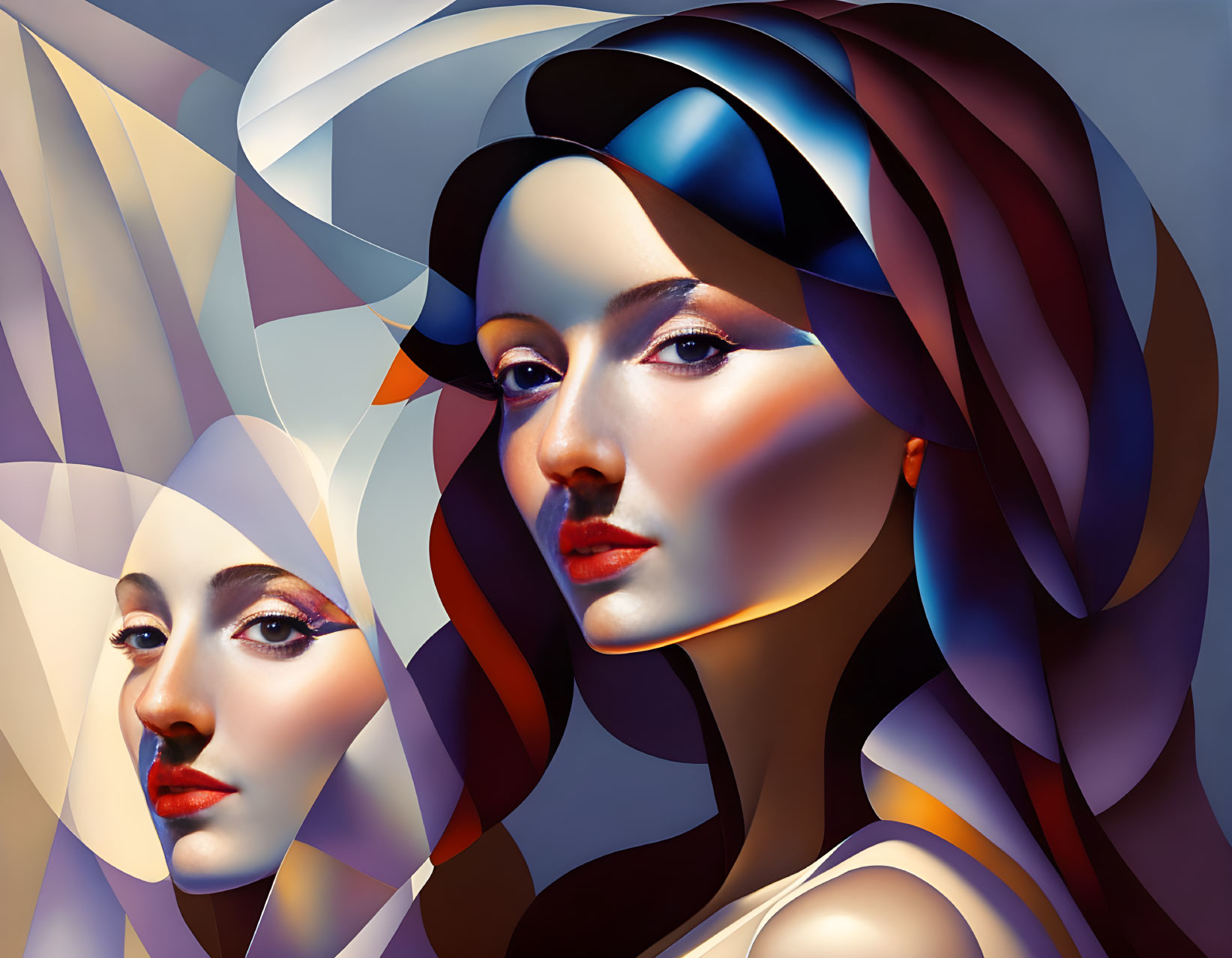 Abstract digital art: Stylized female faces with vibrant, interlocking shapes