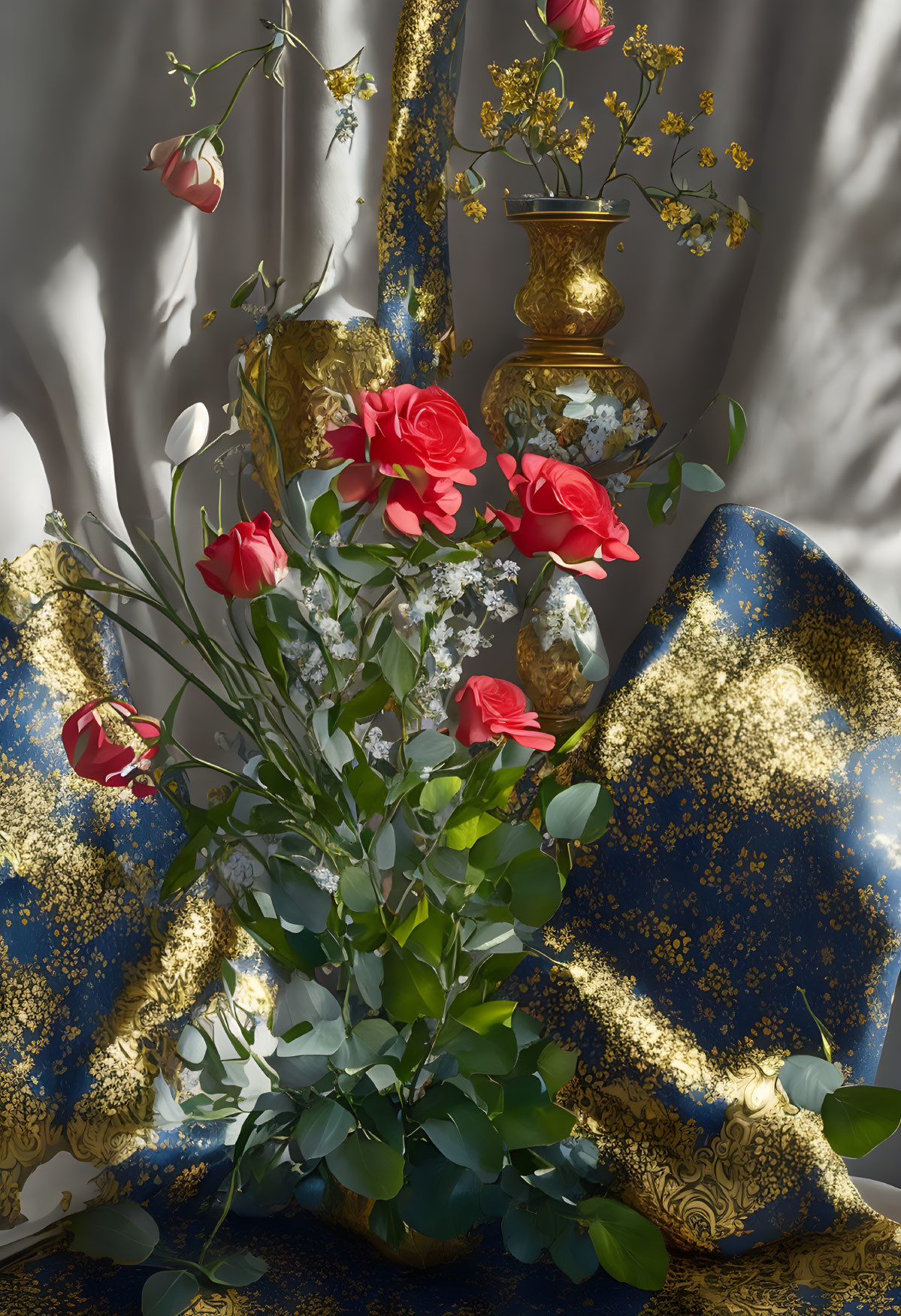 Red roses and baby's breath in ornate vase with gold-patterned fabric and sunlight shadows.