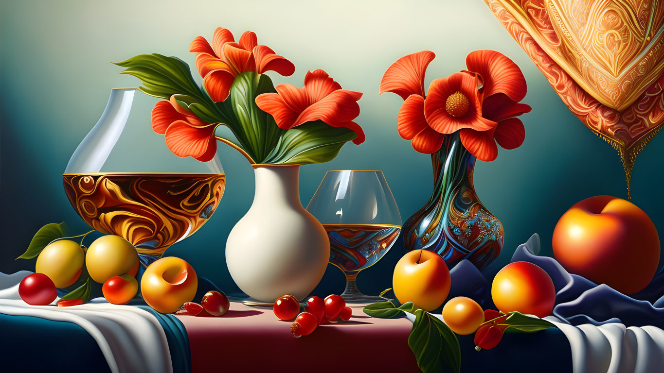 Vibrant red flowers, bowls, glassware, drapery, peaches, and cher