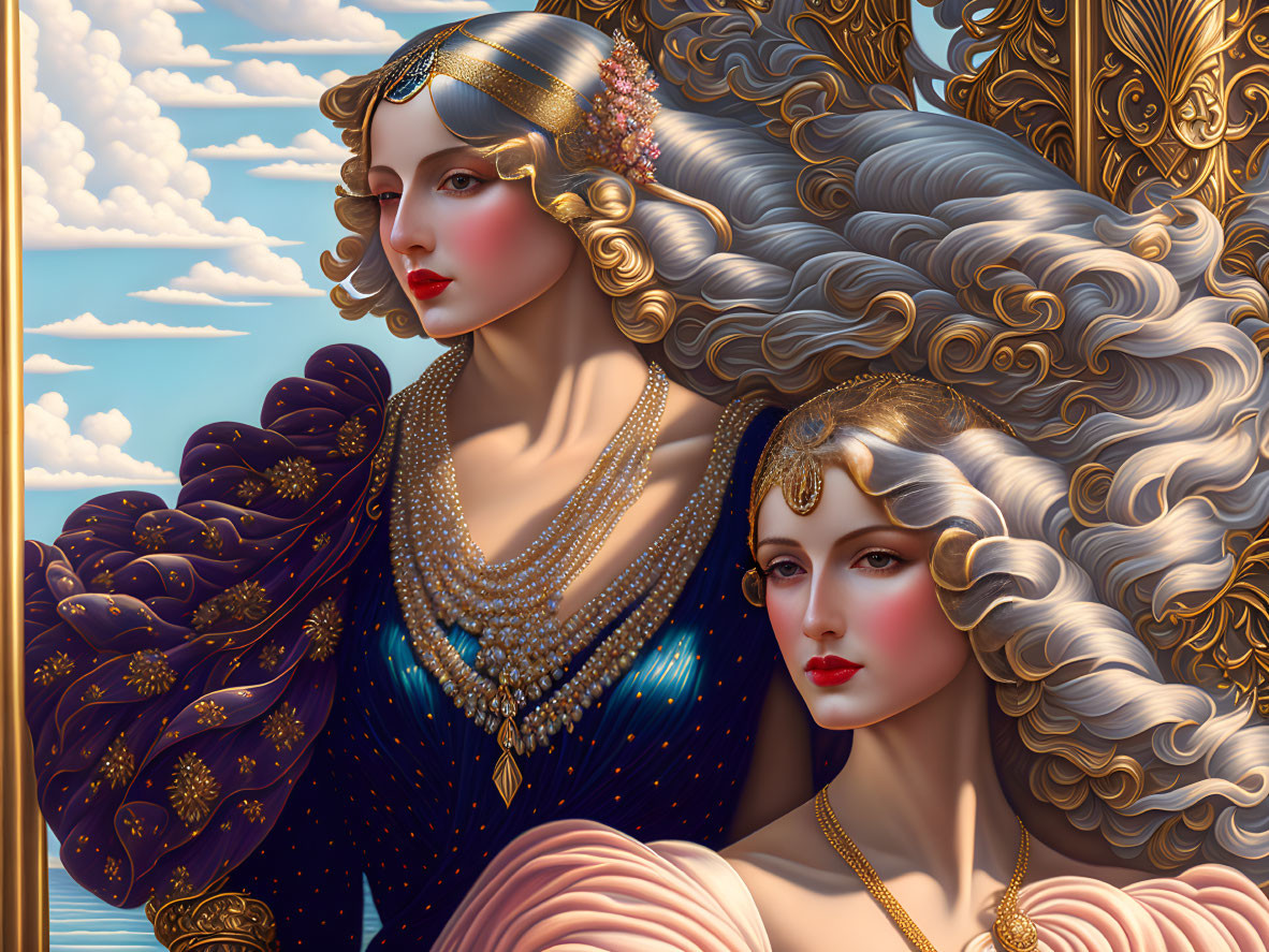 Illustrated women with elaborate Art Nouveau hairstyles and clothing against cloudy sky.