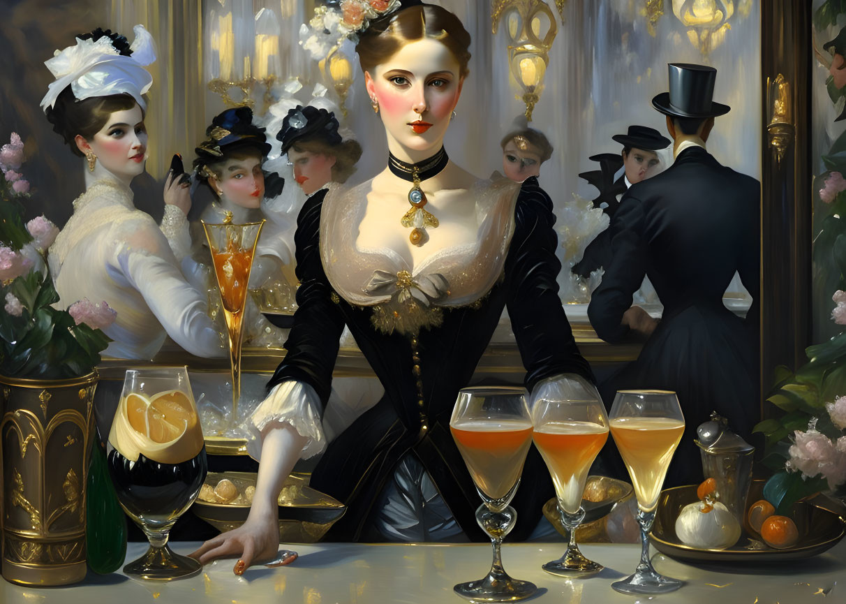 Victorian-era painting of elegantly dressed ladies and gentlemen at a social gathering