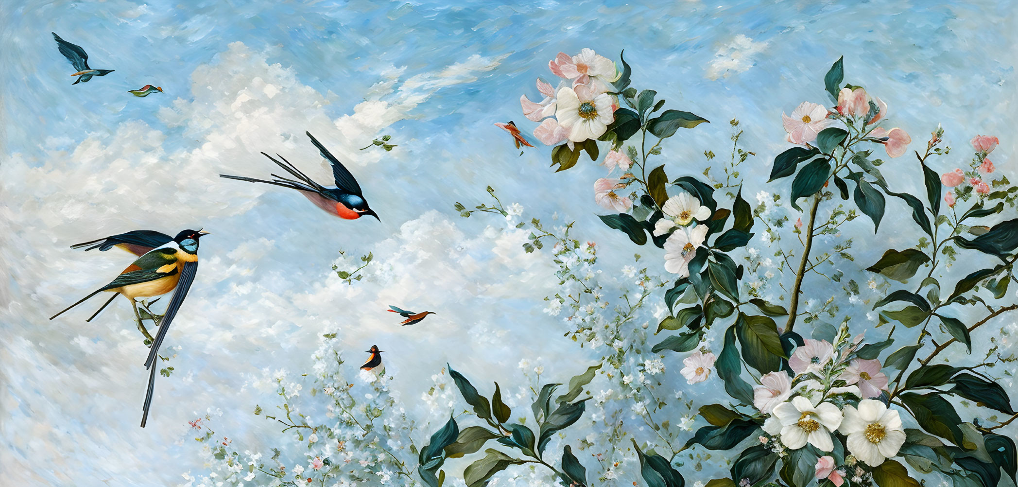 Vibrant birds flying over white and pink flowers in blue sky