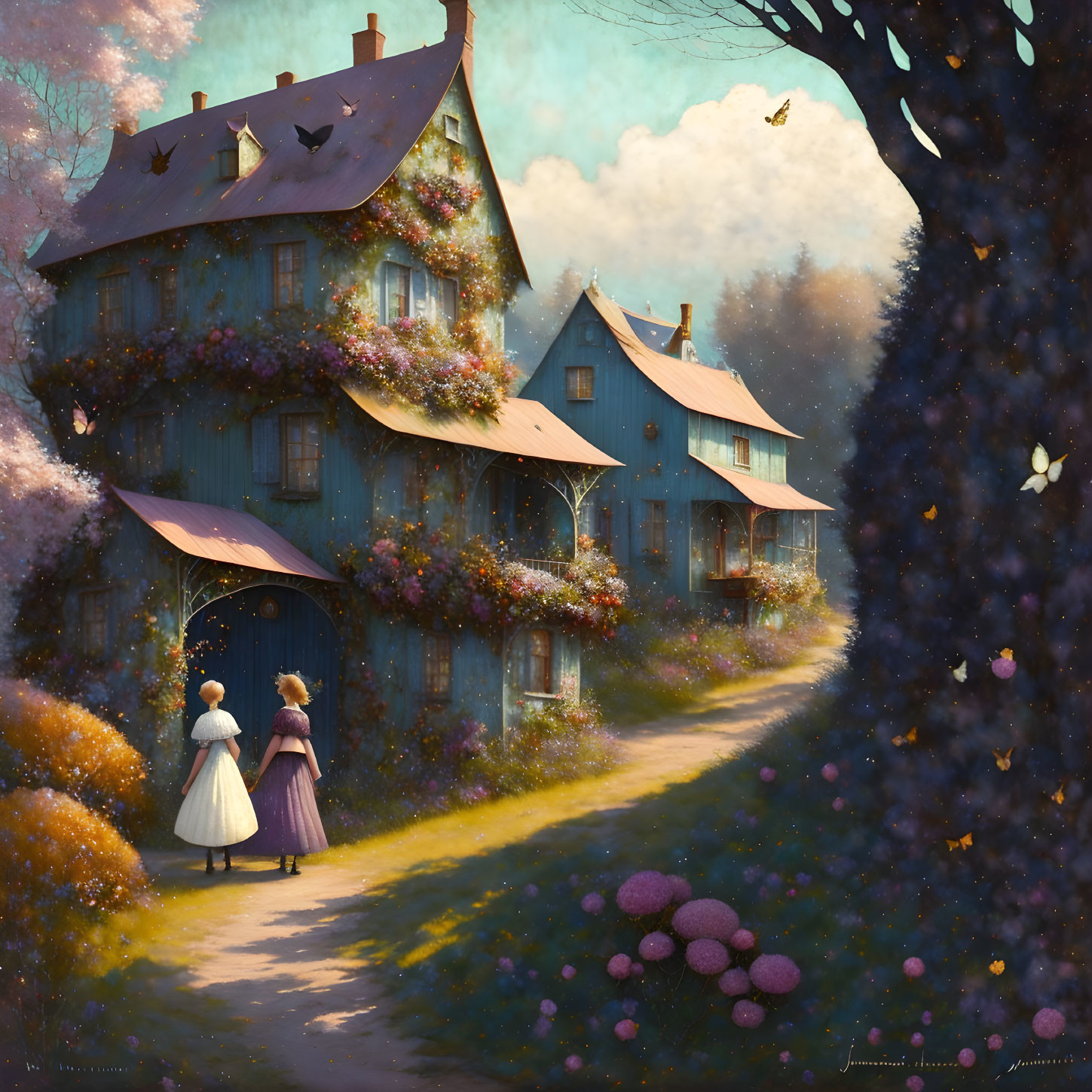 Vintage attired individuals admire blue house with flowers in serene nature scene