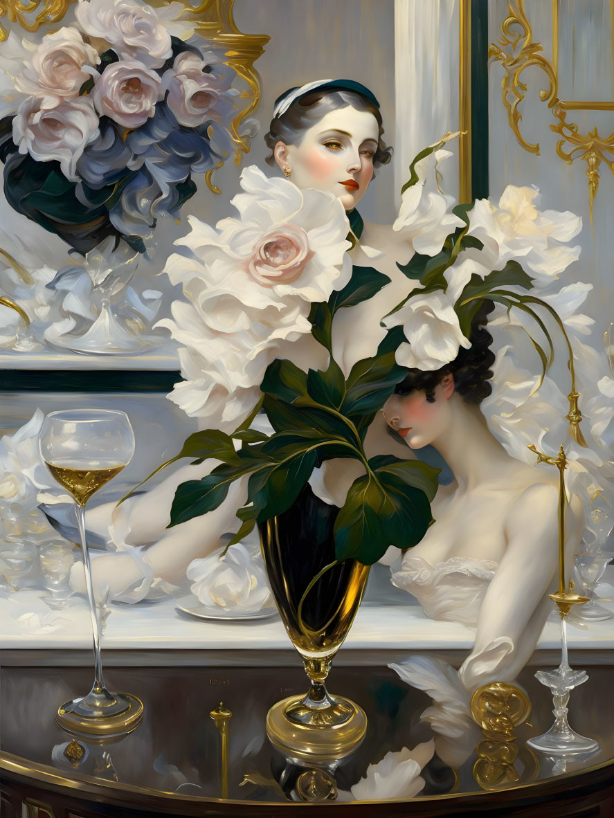 Classic Painting of Two Women Surrounded by White Blooms