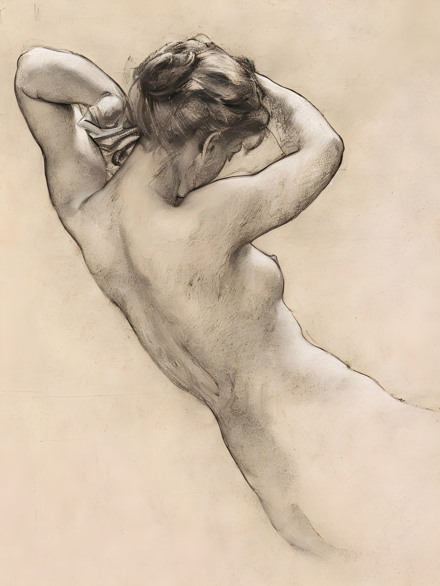 Detailed pencil sketch of woman's back with arm bent overhead