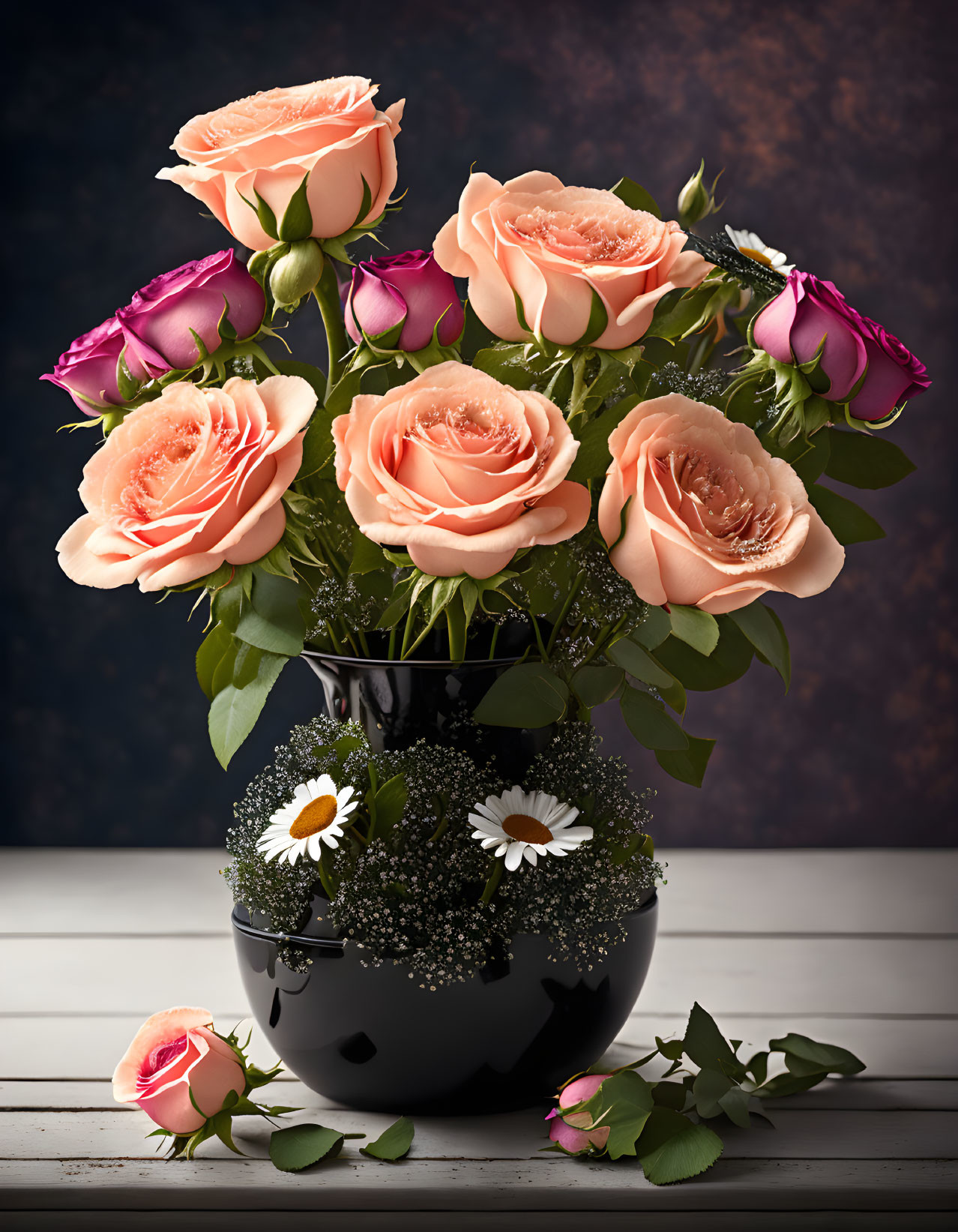 Peach and Purple Roses Bouquet with Baby's Breath and Daisies in Black Vase