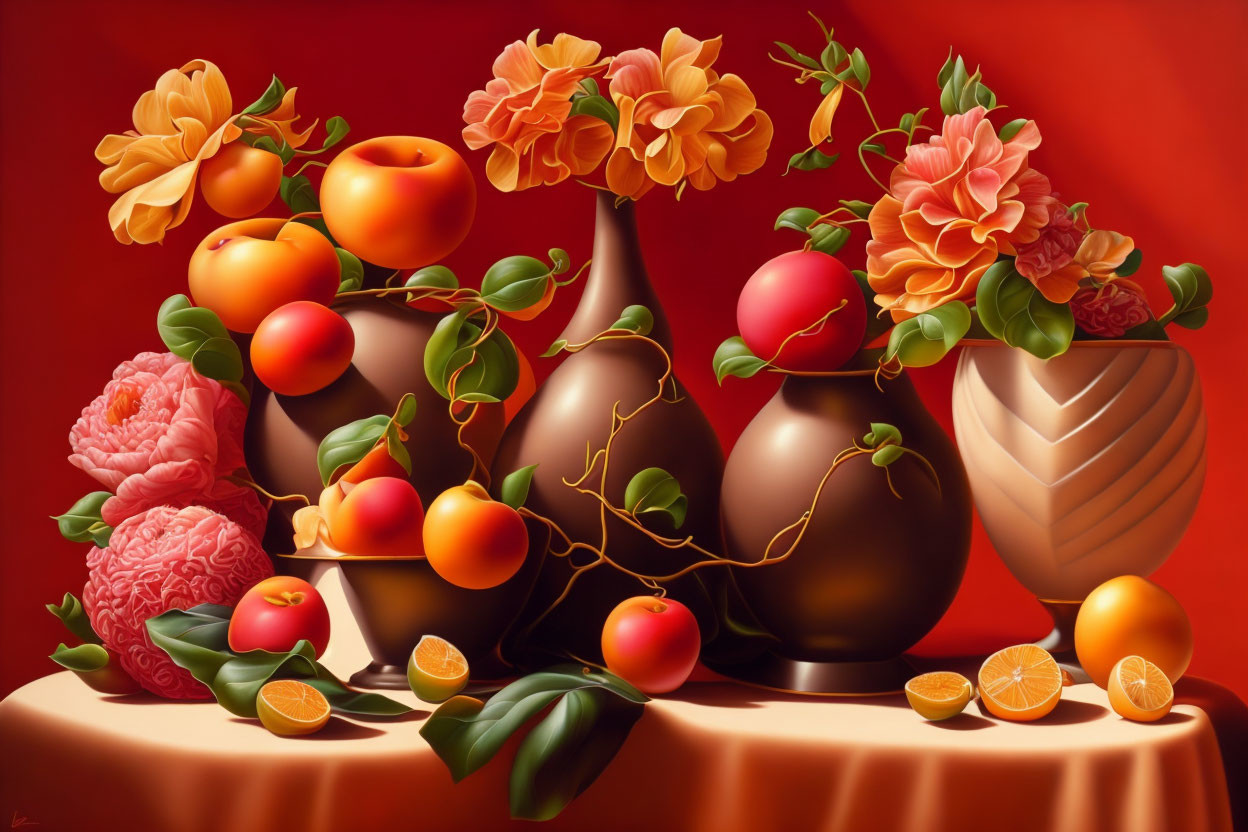 Ripe Oranges and Floral Vases on Draped Table in Still Life Painting