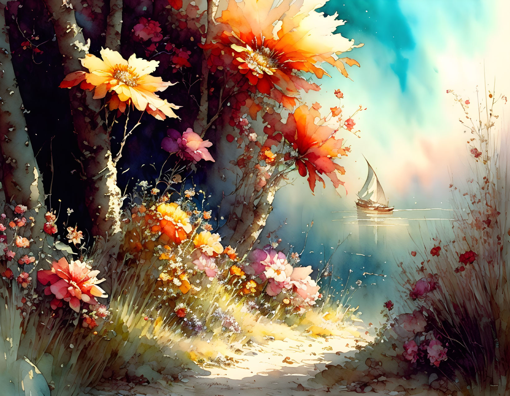 Serene landscape painting with colorful flowers, path, lake, sailboat, and hazy sky