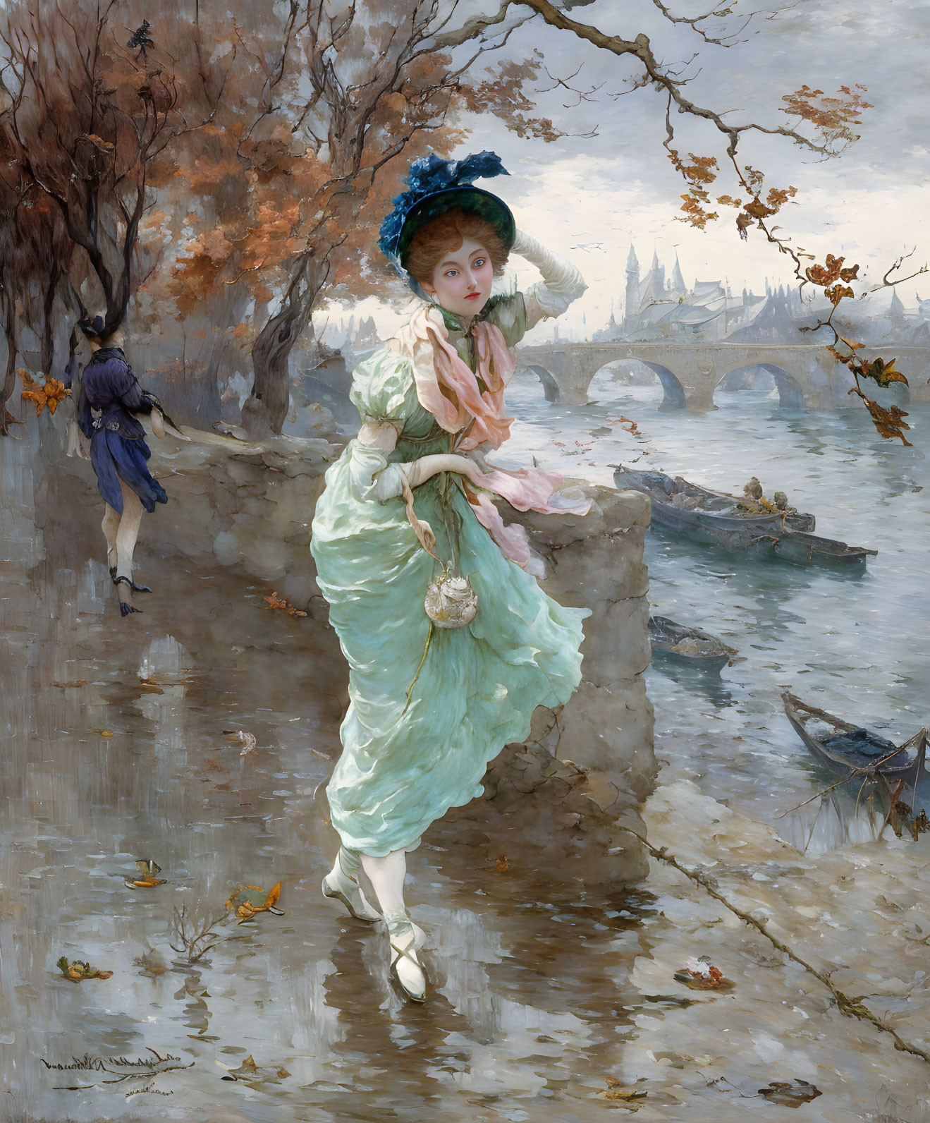 Victorian-era woman in pastel dress by riverbank with autumn leaves and bridge.