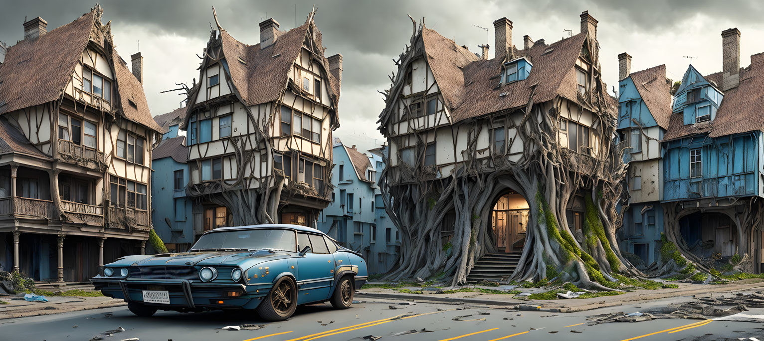 Vintage blue car parked on abandoned street with rundown timber houses and tree growing through building under ominous sky