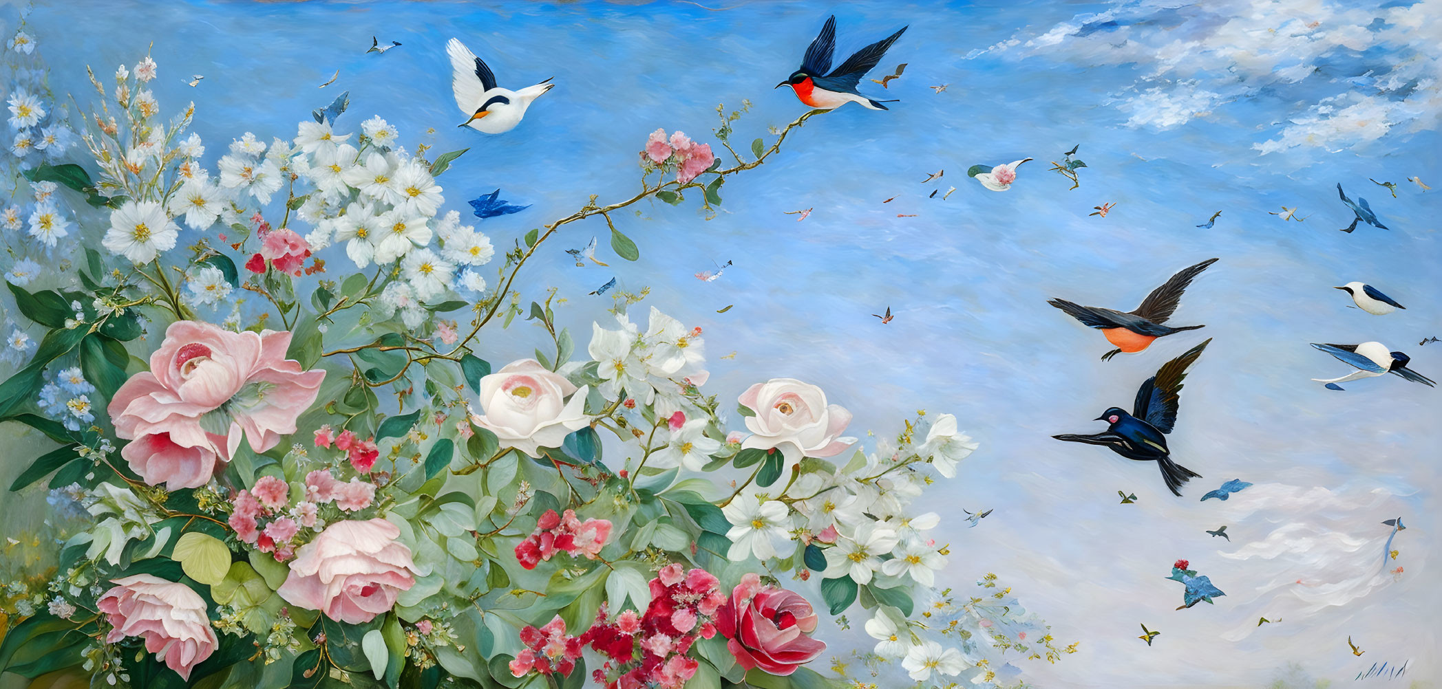 Colorful flowers and birds in a sky painting.