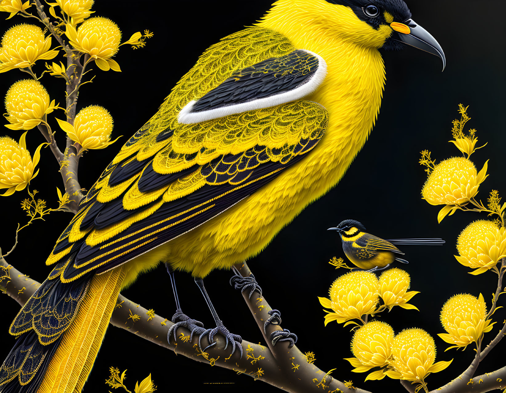 Detailed depiction: Two yellow birds on blooming branches against dark backdrop