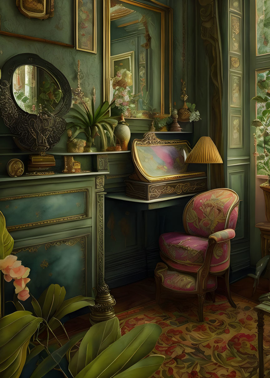 Vintage Room with Teal Walls, Writing Desk, Pink Chair & Artworks