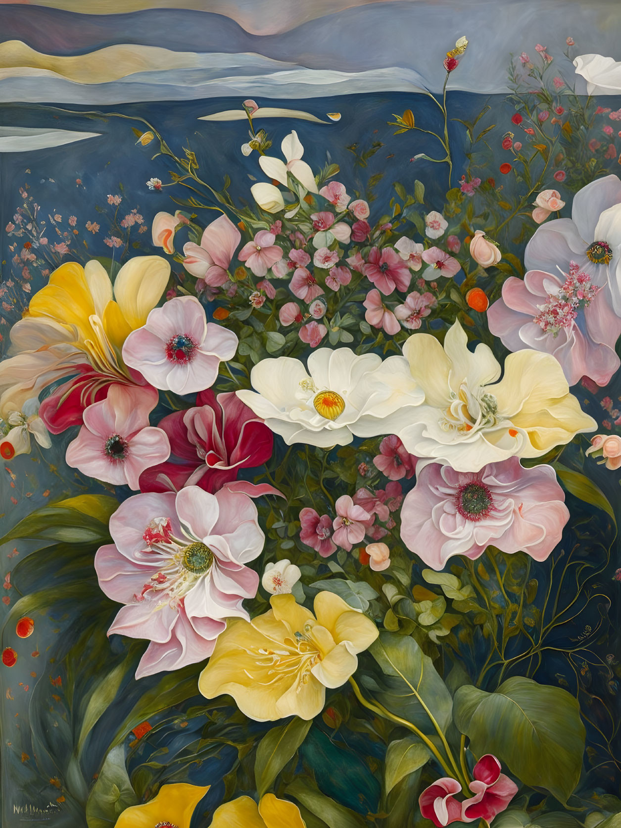 Vibrant floral painting with pink, yellow, and white blooms on dark blue backdrop