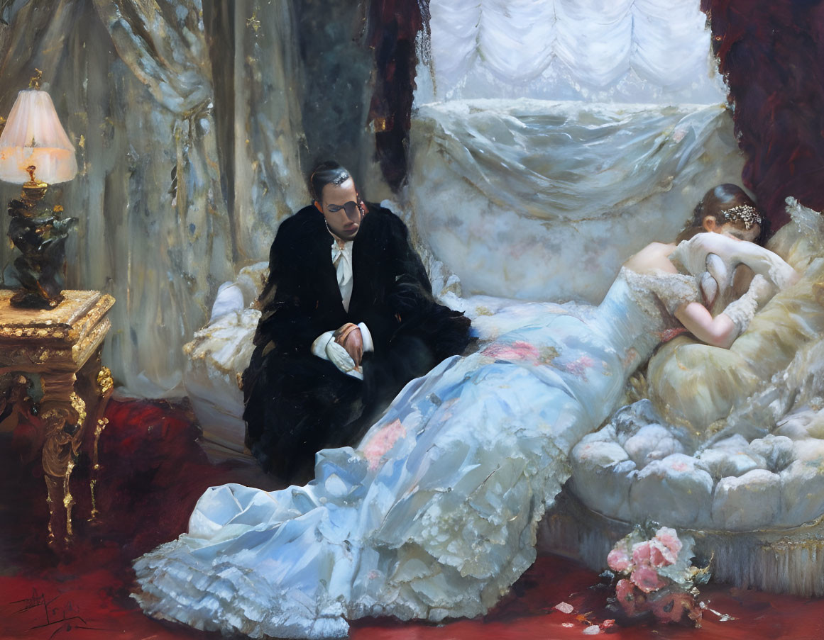 Man in Black Suit Beside Woman on Opulent Bed