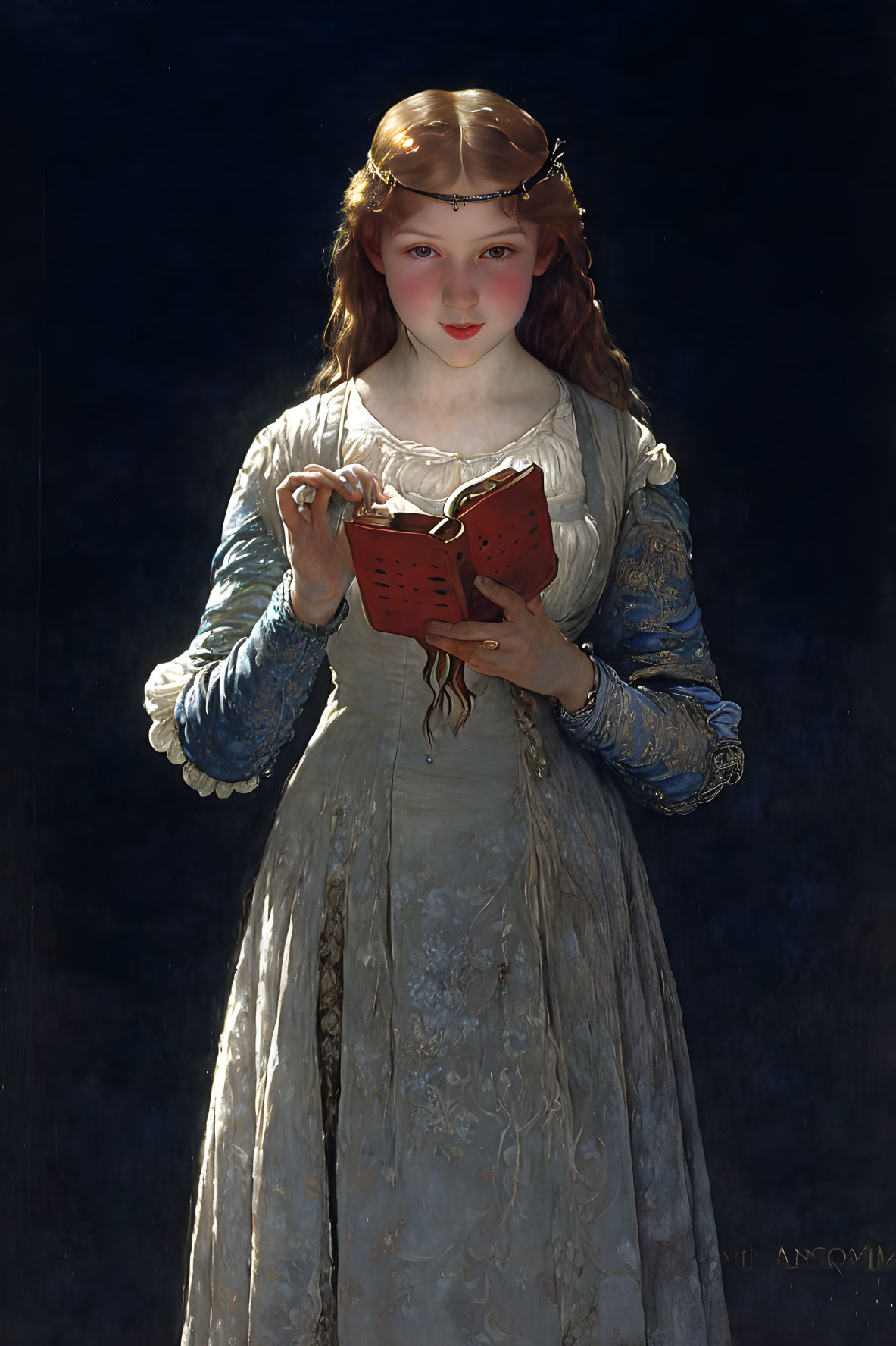 Young girl in vintage dress reading red book with headband, curious expression