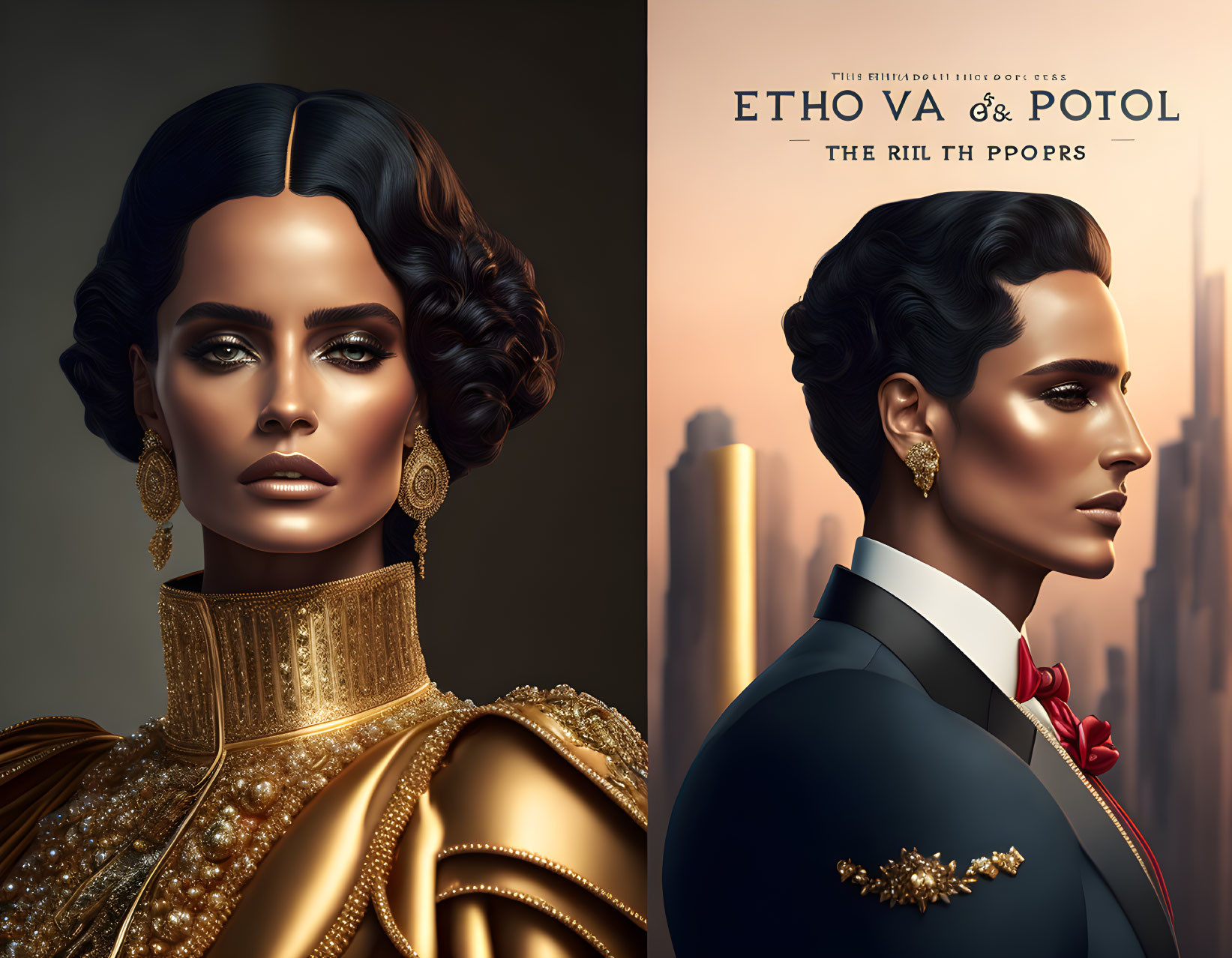 Stylized digital portrait of woman and man in profile against golden backdrop