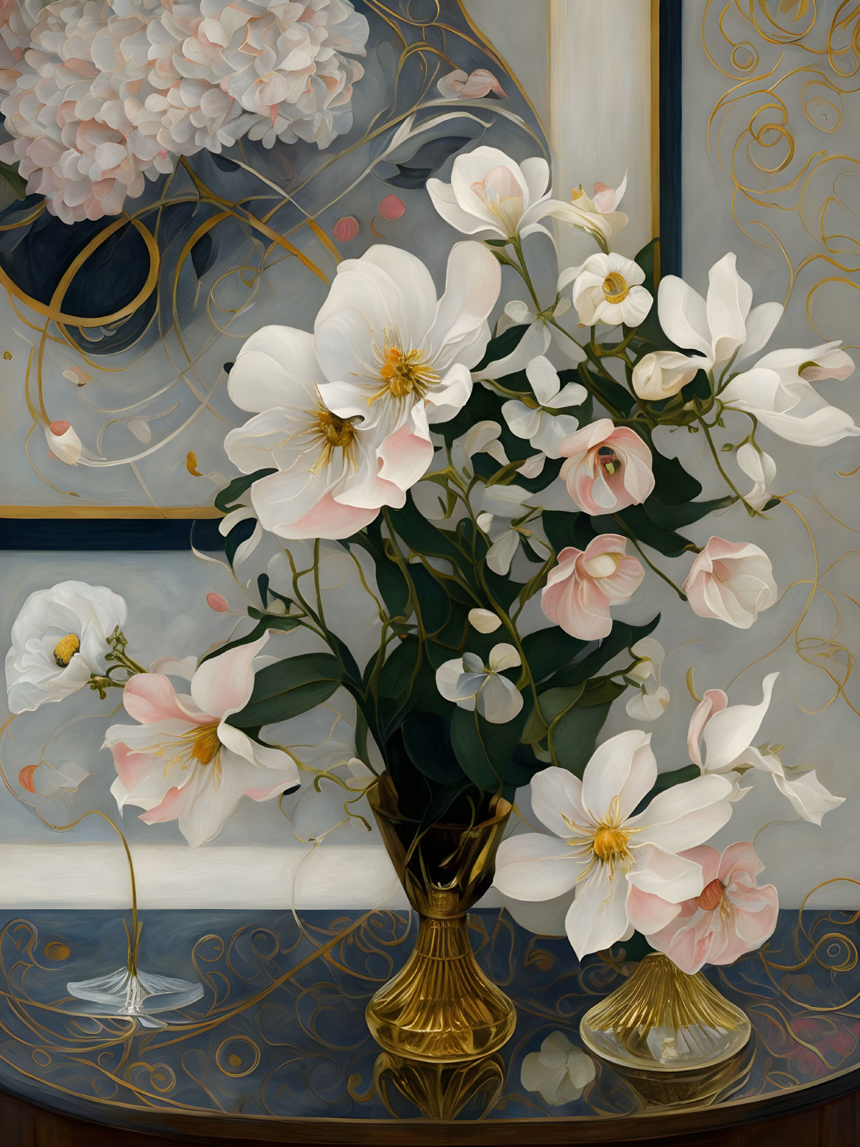 White and Pink Flowers in Golden Vase Still Life Painting