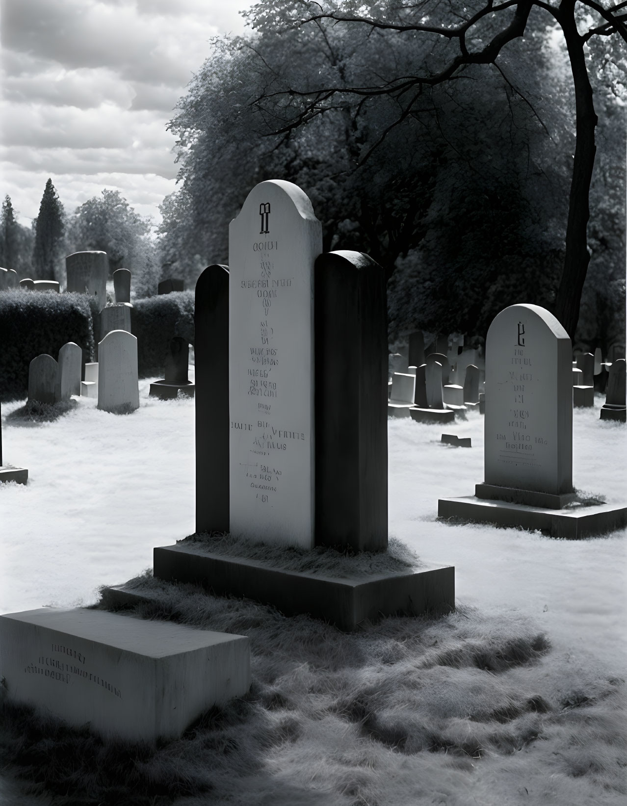 Tranquil cemetery with ornate gravestones in serene wooded setting