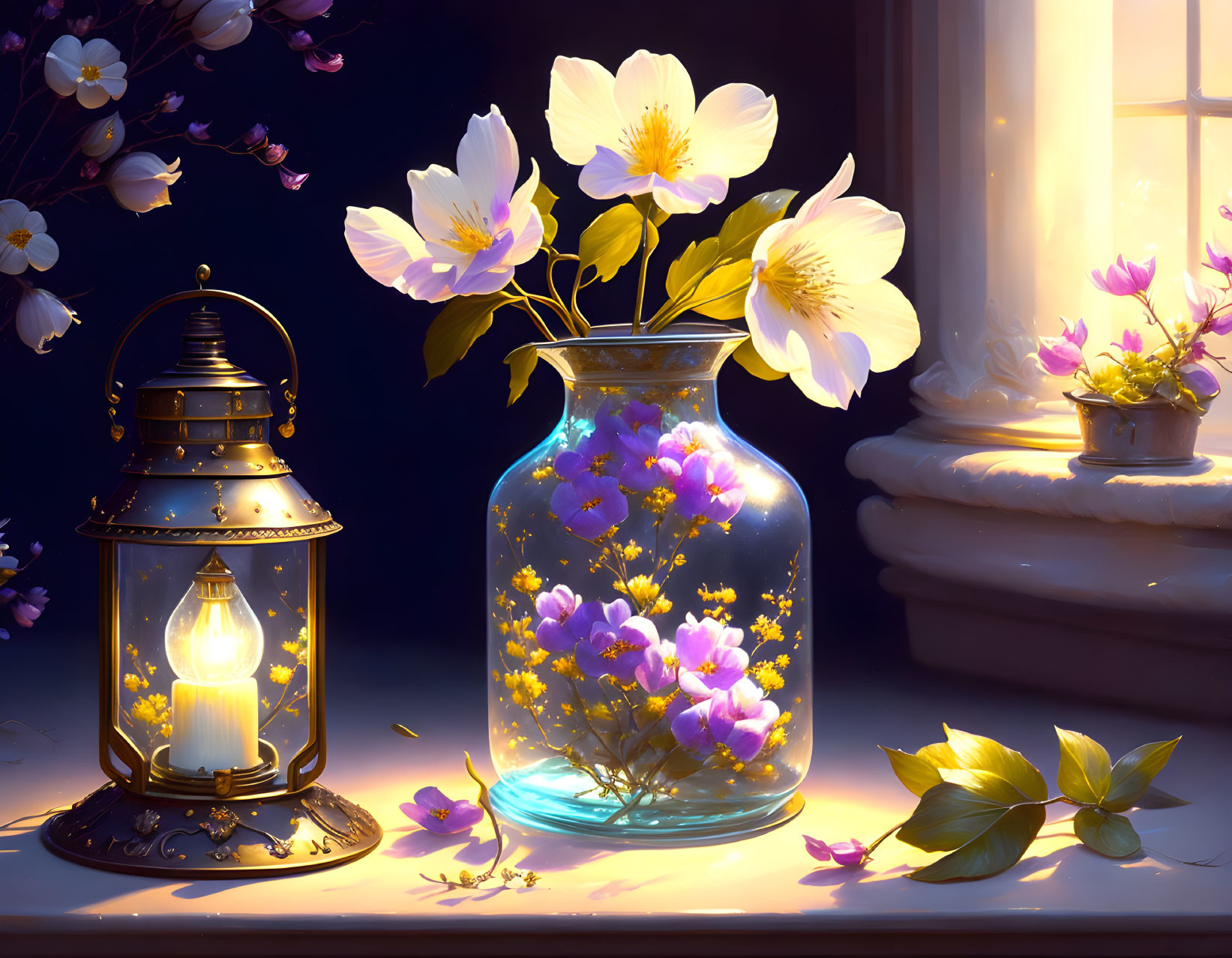 Lantern and Luminescent Flowers on Windowsill at Twilight