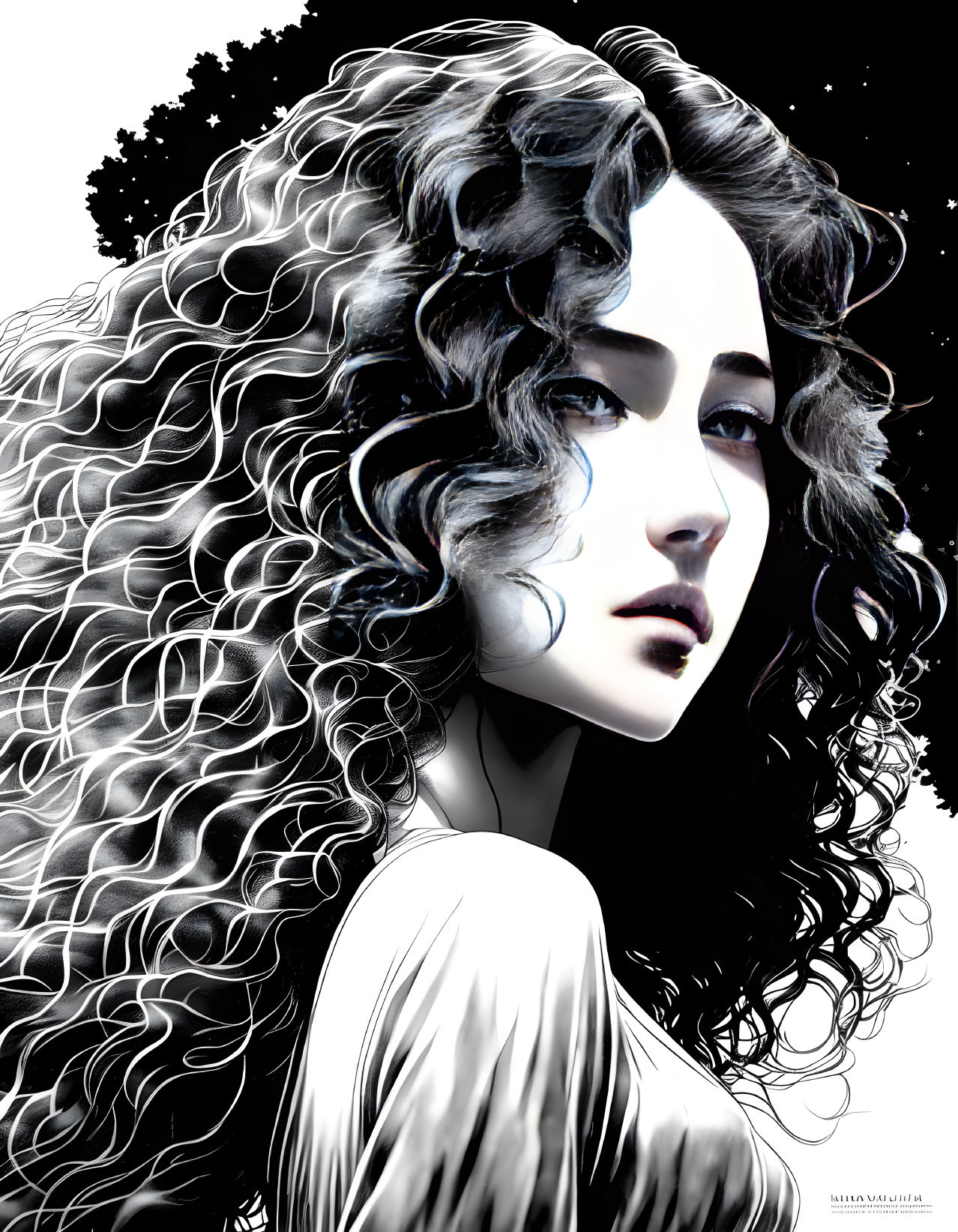 Illustration of woman with curly hair, high-contrast shading, and starry hair.