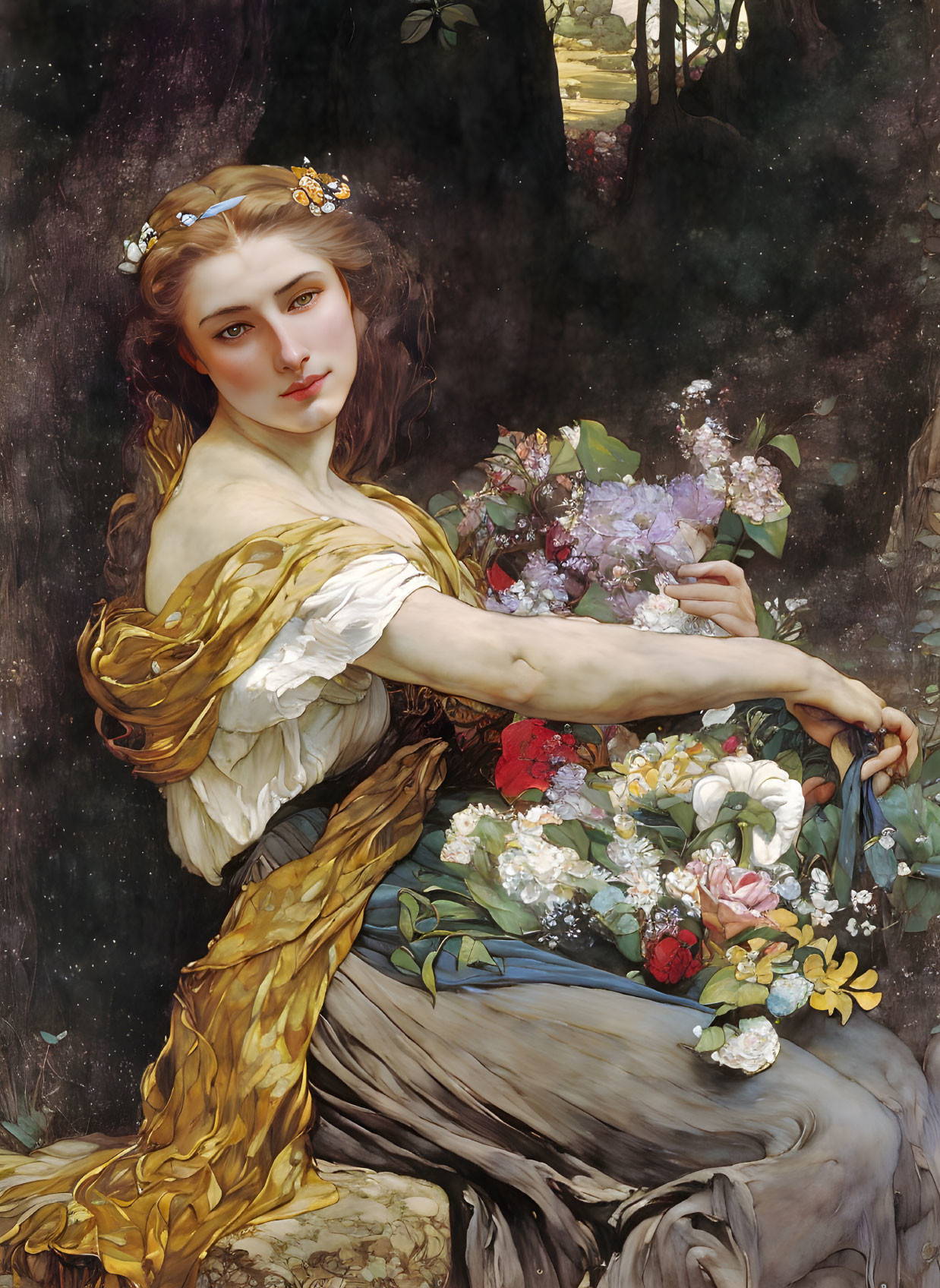 Classical woman in golden-accented dress with bouquet, forest background