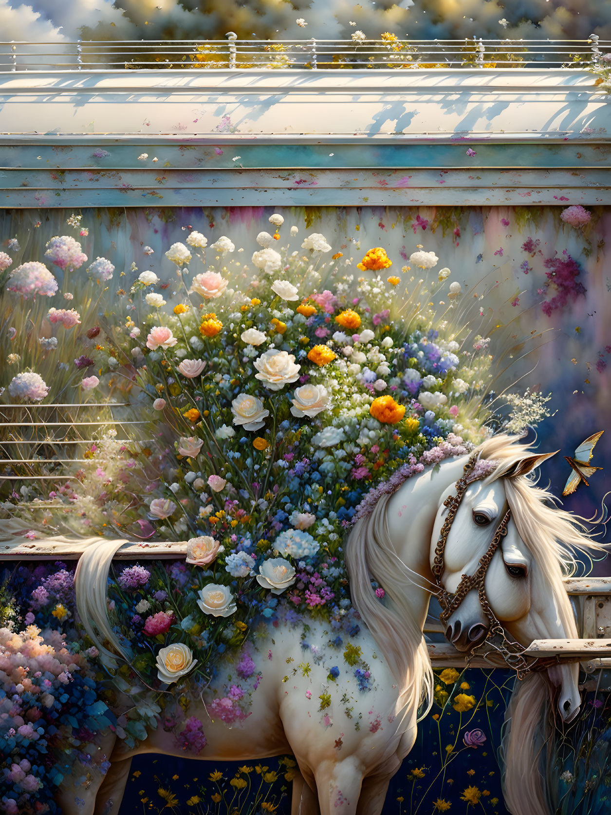 White horse with flower-adorned mane in ethereal garden setting