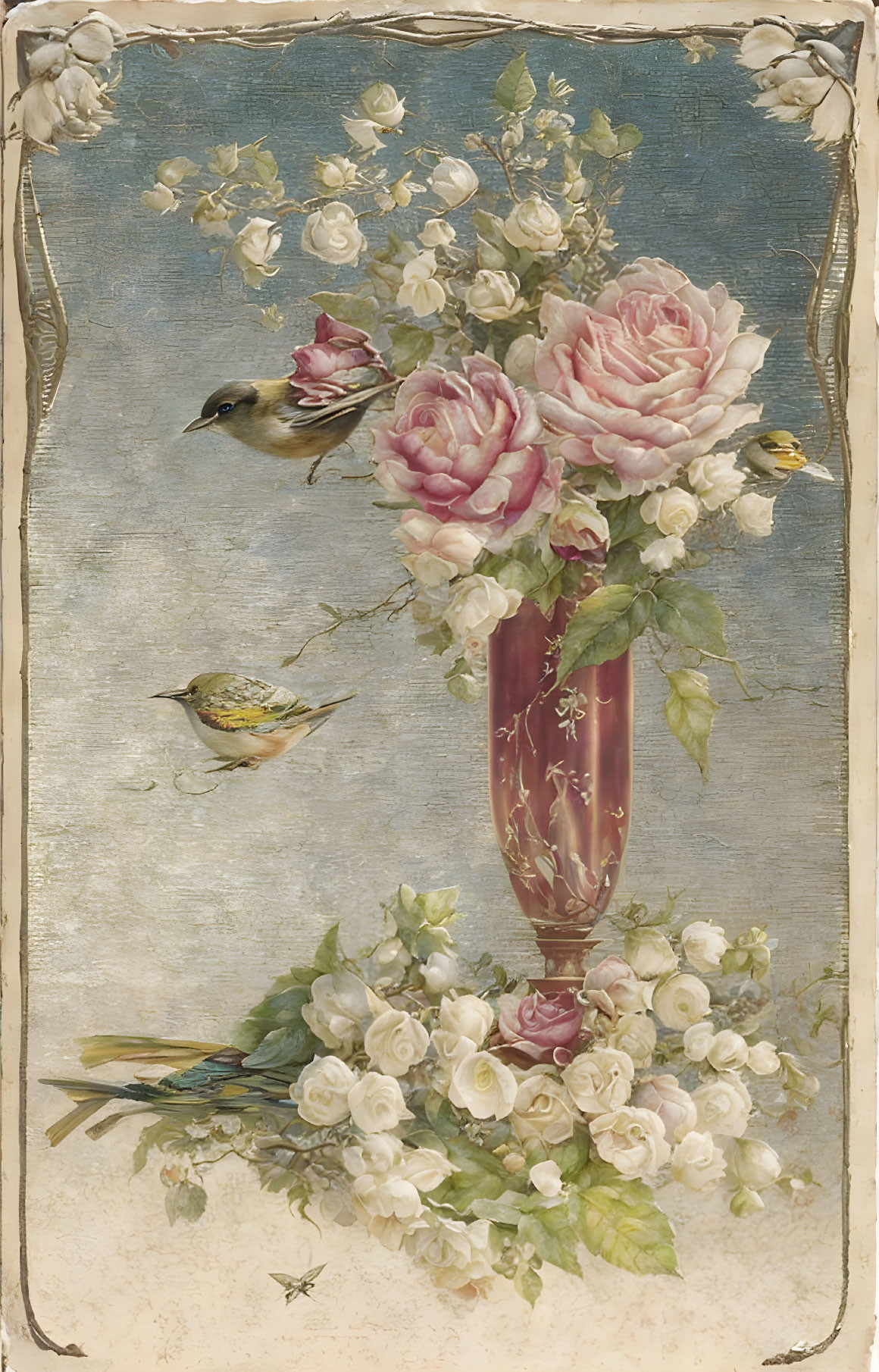 Vintage Illustration: Pink Roses and White Flowers Bouquet with Birds in Vase