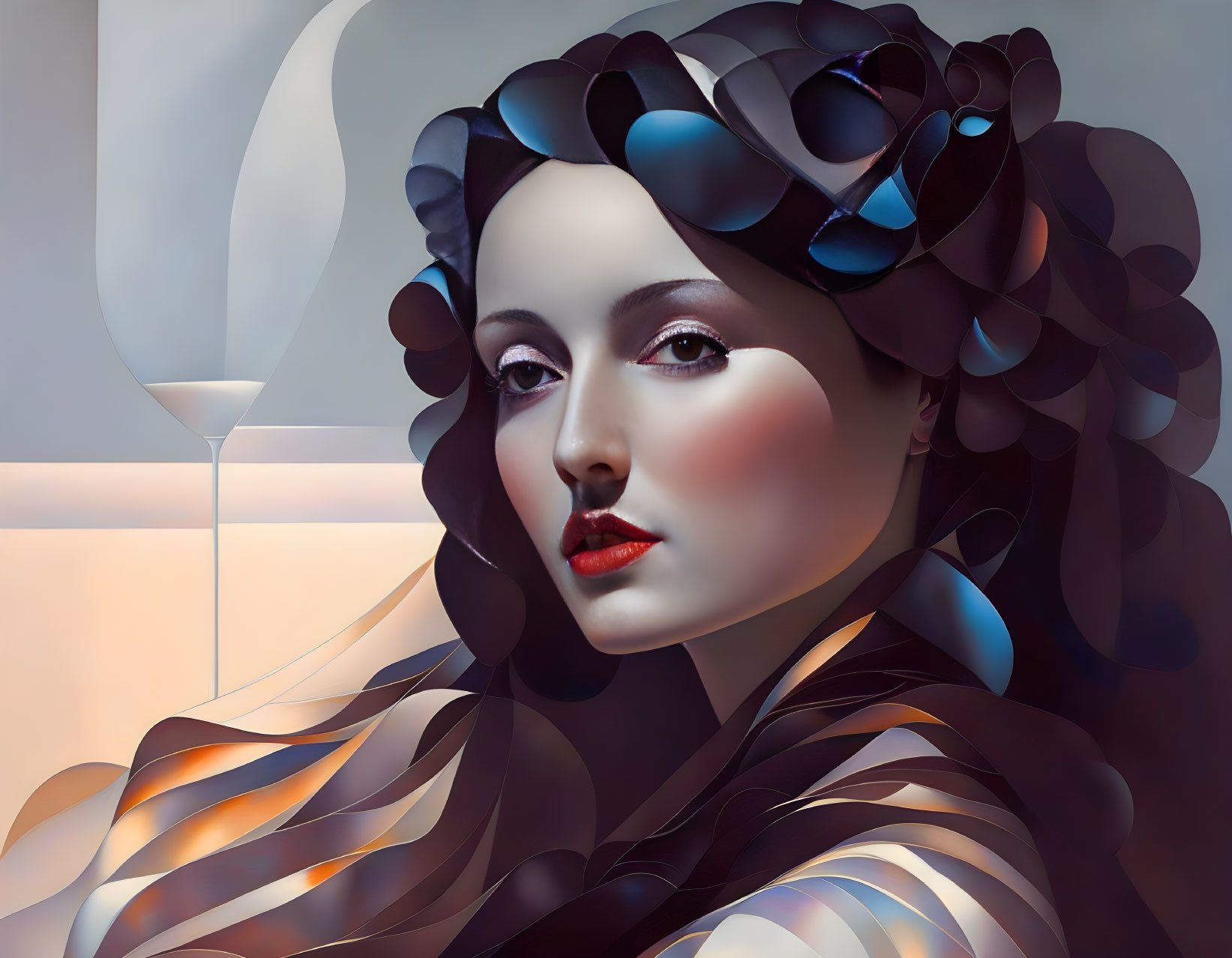 Surreal portrait of woman with flowing hair and ribbon-like elements