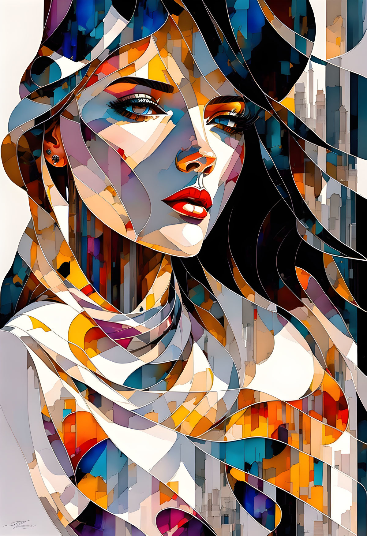 Abstract digital portrait of woman with geometric shapes and cityscape elements