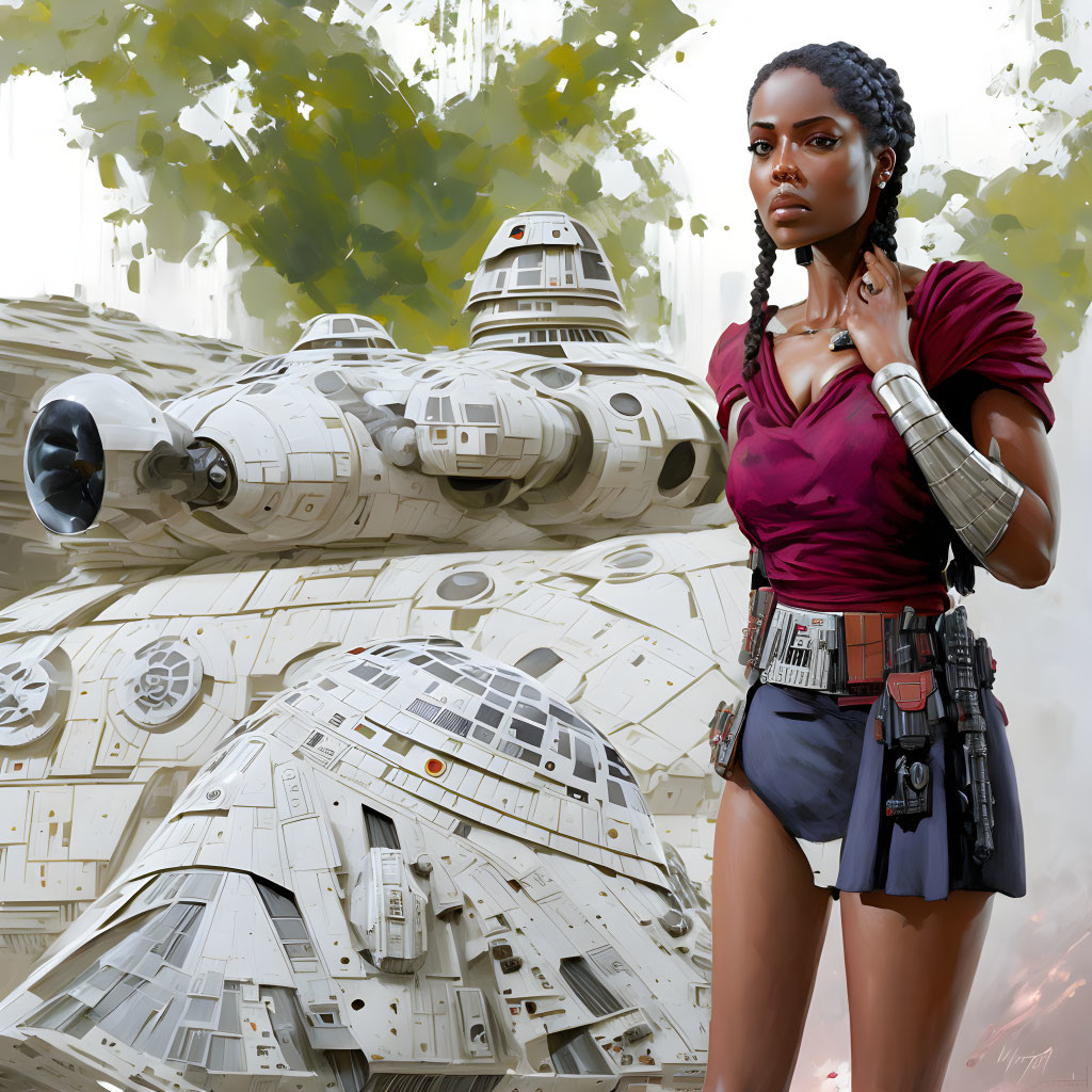 Confident woman in red top and blue shorts by Millennium Falcon